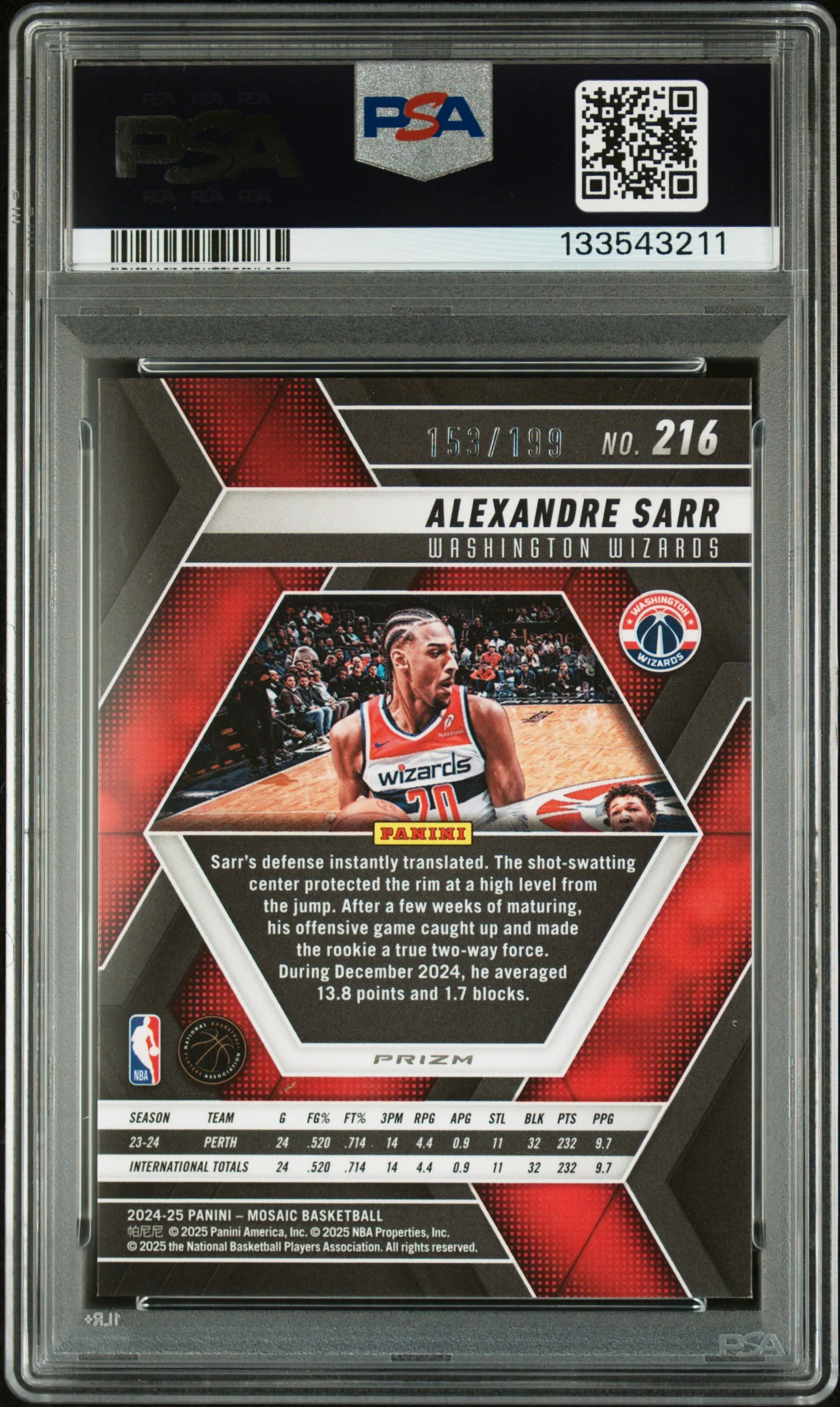 ALEXANDRE SARR | 2024 PANINI MOSAIC 216 | BLUE | PSA GEM MT 10 - Image 2