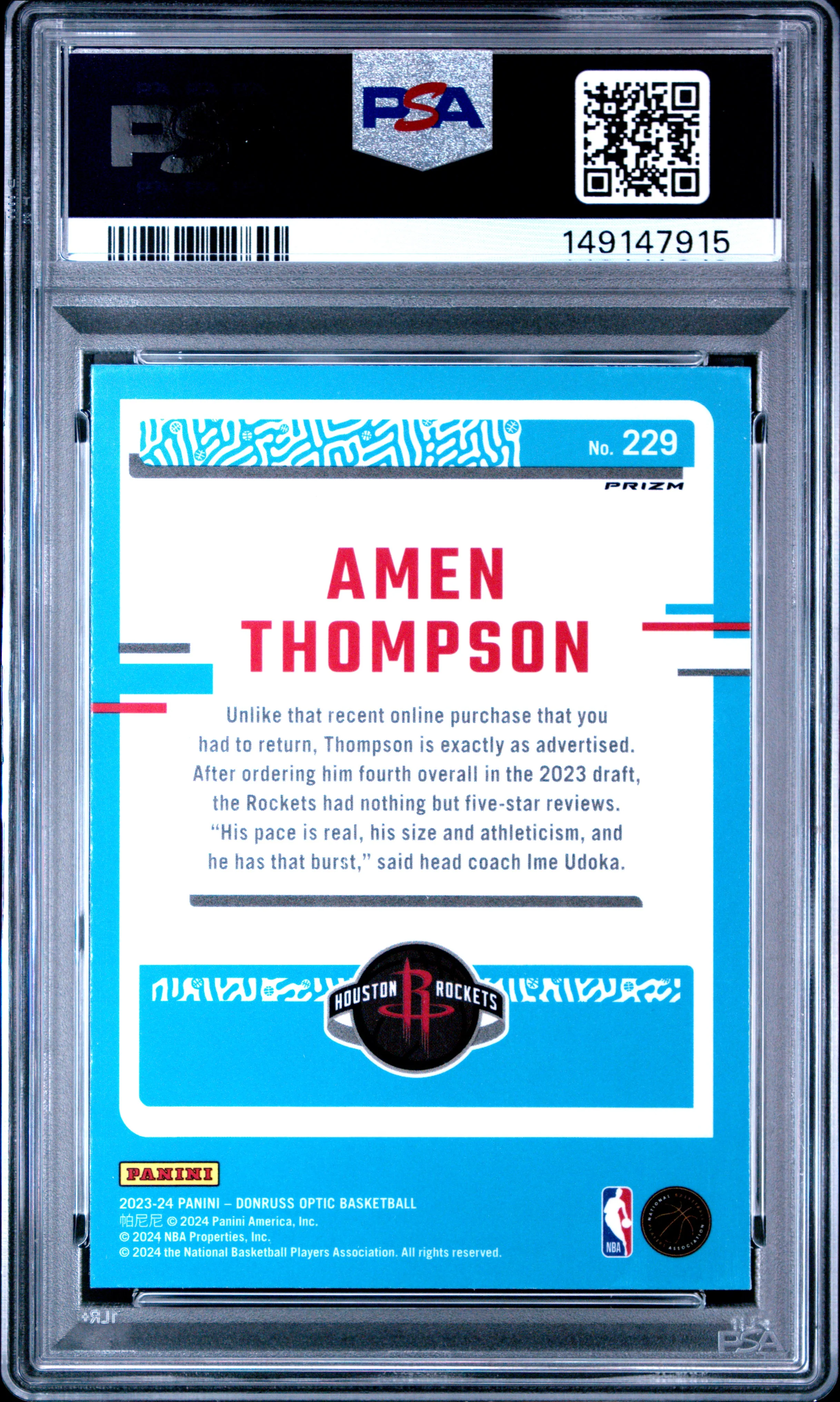 AMEN THOMPSON | 2023 PANINI DONRUSS OPTIC 229 | HYPER PINK | PSA GEM MT 10 - Image 2