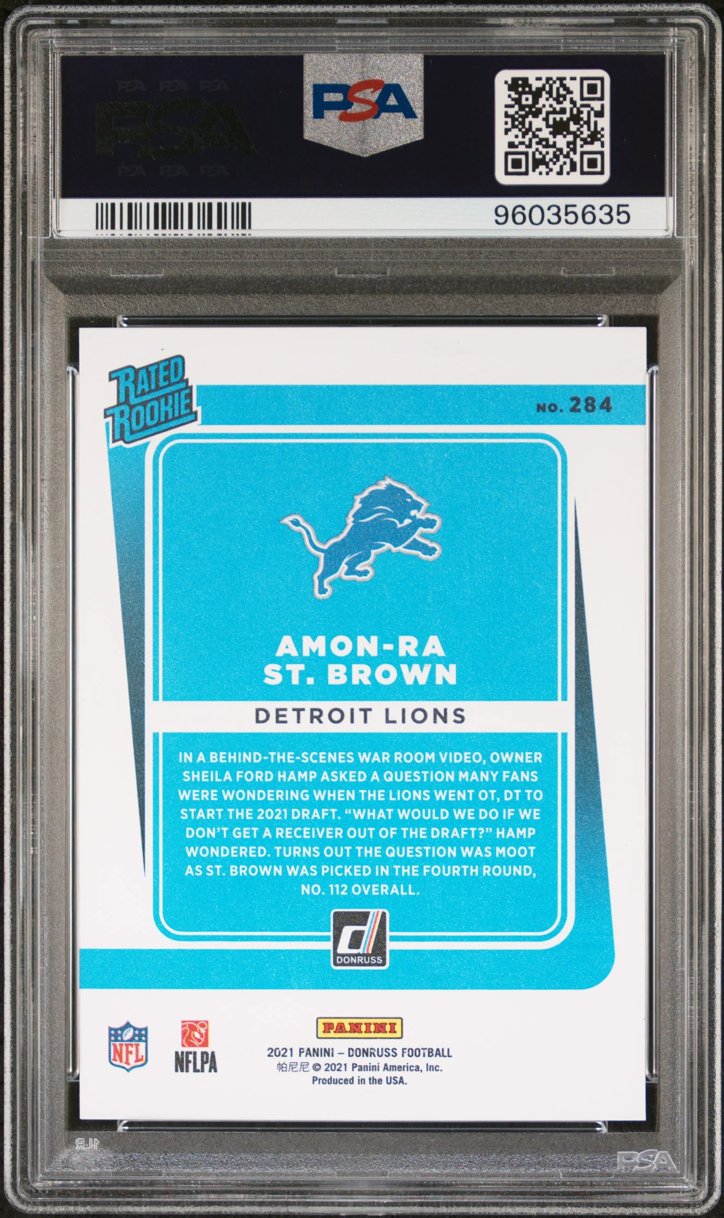 AMON-RA ST. BROWN | 2021 PANINI DONRUSS 284 | PRESS PROOF PREMIUM | PSA GEM MT 10 - Image 2