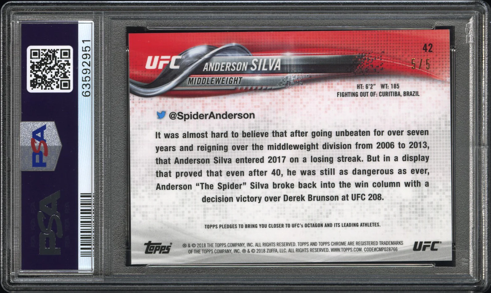ANDERSON SILVA | 2018 TOPPS UFC CHROME 42 | RED REFRACTOR | PSA GEM MT 10 - Image 2