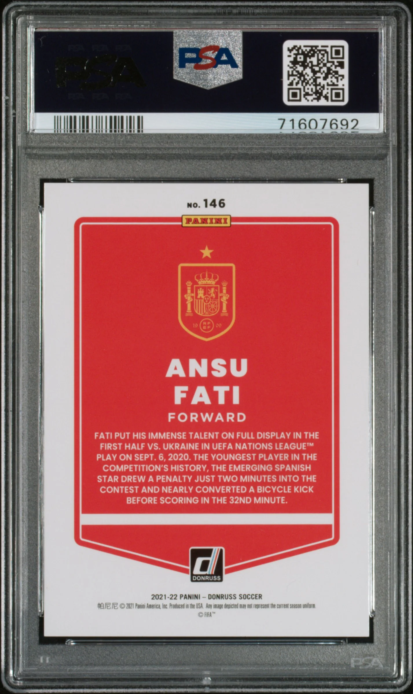 ANSU FATI | 2021 PANINI DONRUSS ROAD TO QATAR 146 | HOLO PURPLE LASER | PSA MINT 9 - Image 2