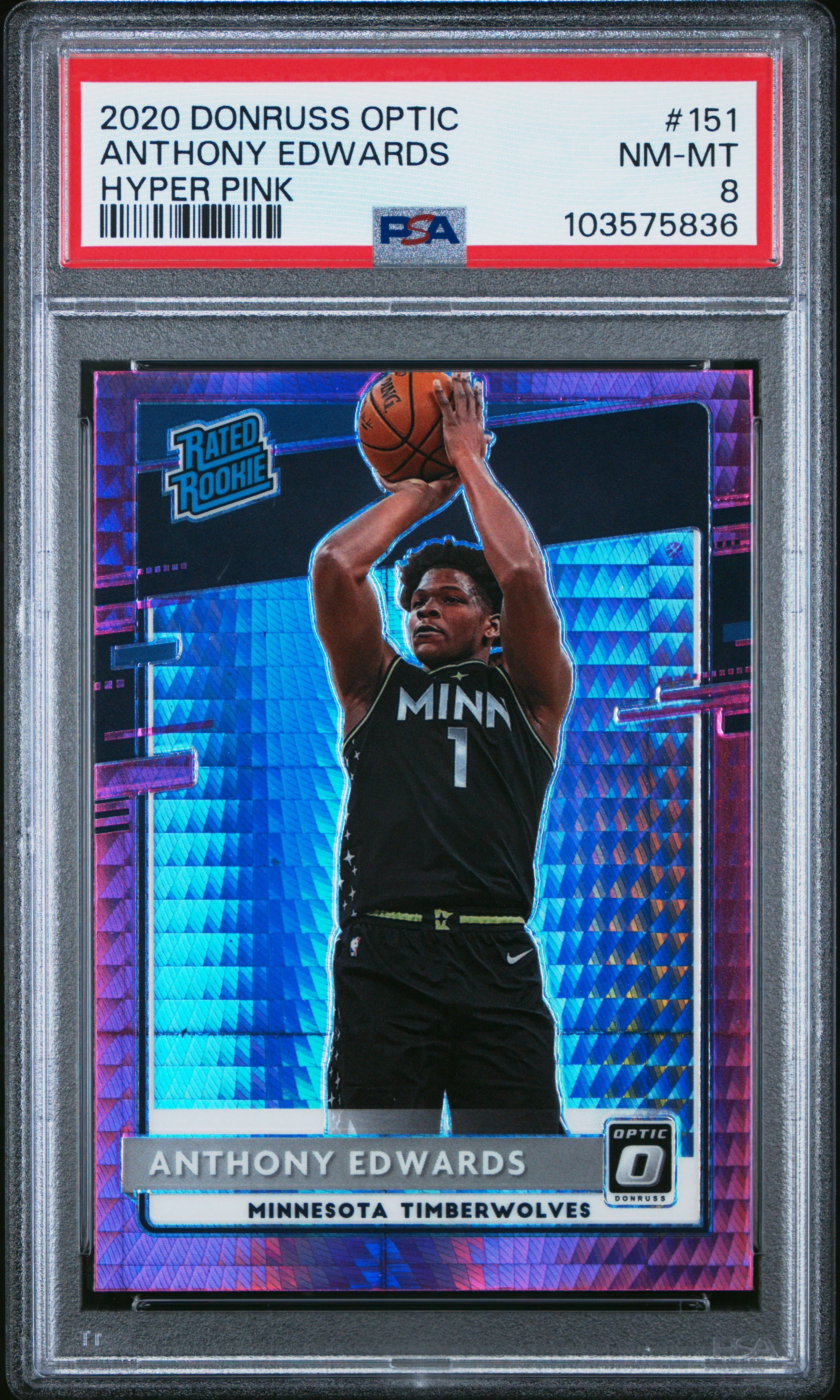 ANTHONY EDWARDS | 2020 PANINI DONRUSS OPTIC 151 | HYPER PINK | PSA NM-MT 8