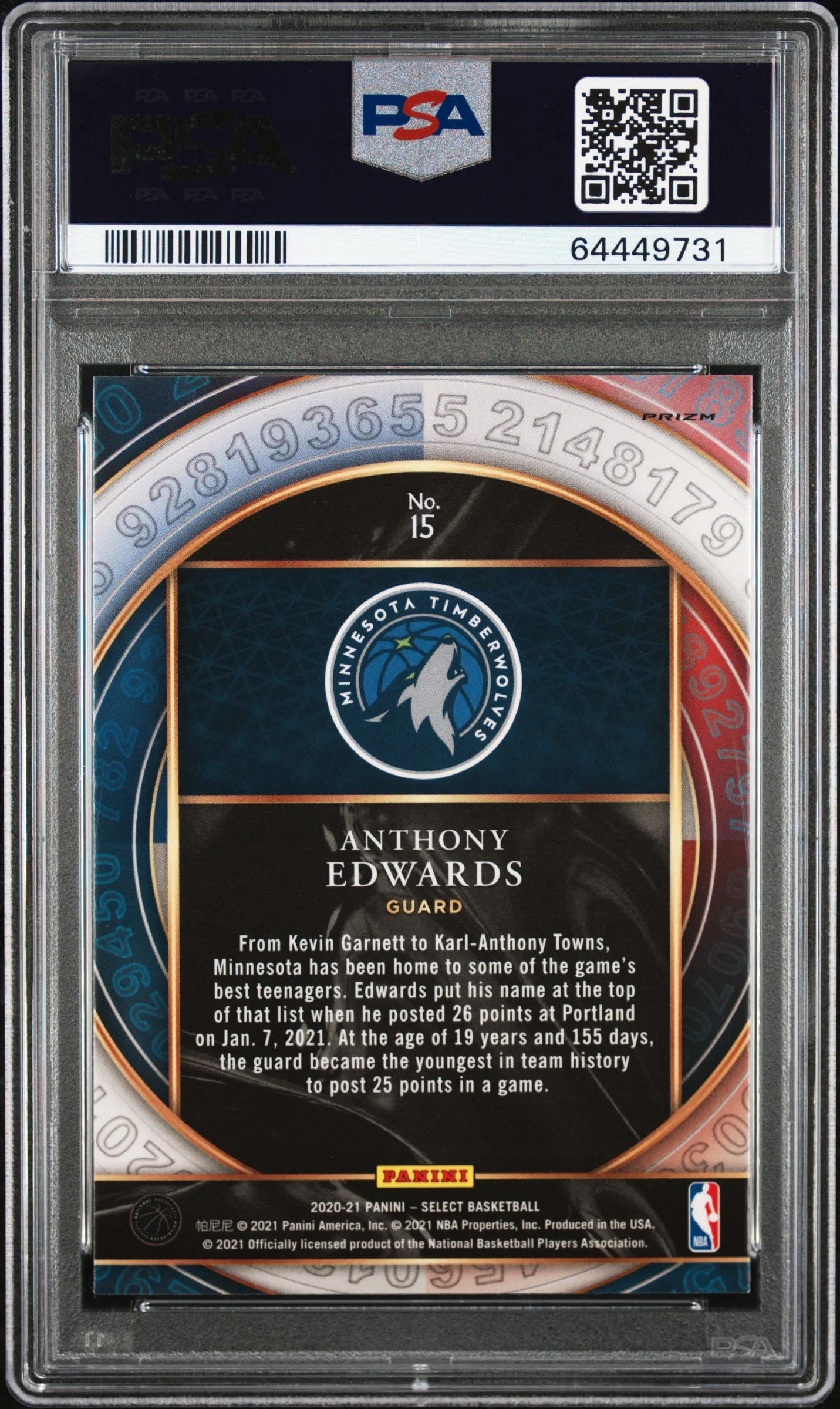 ANTHONY EDWARDS | 2020 PANINI SELECT SELECT NUMBERS 15 | SELECT NUMBERS-BLUE | PSA GEM MT 10 - Image 2