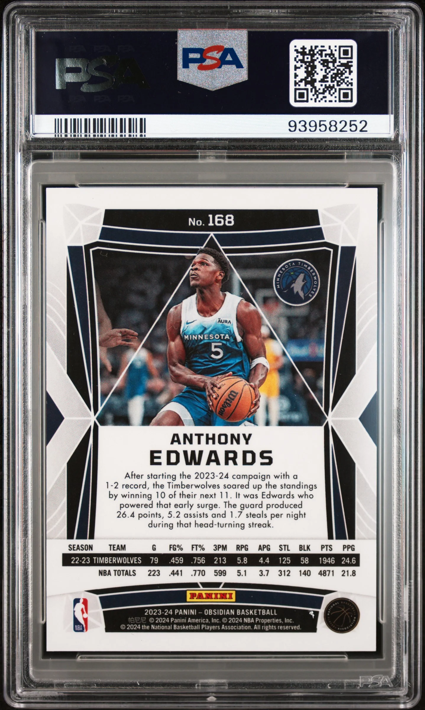 ANTHONY EDWARDS | 2023 PANINI OBSIDIAN 168 | PSA GEM MT 10 - Image 2