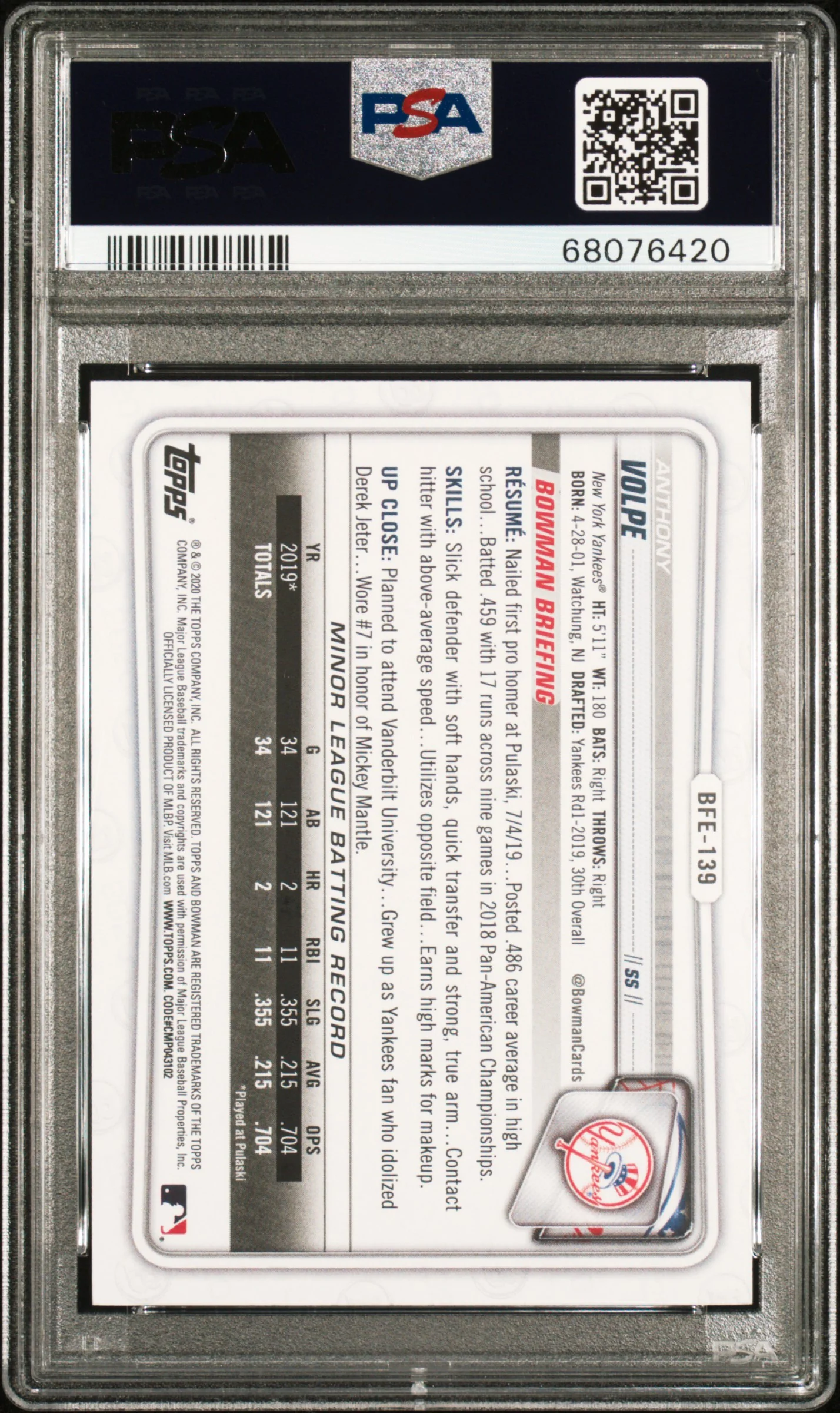 ANTHONY VOLPE | 2020 BOWMAN 1ST EDITION BFE139 | BLUE FOIL | PSA GEM MT 10 - Image 2