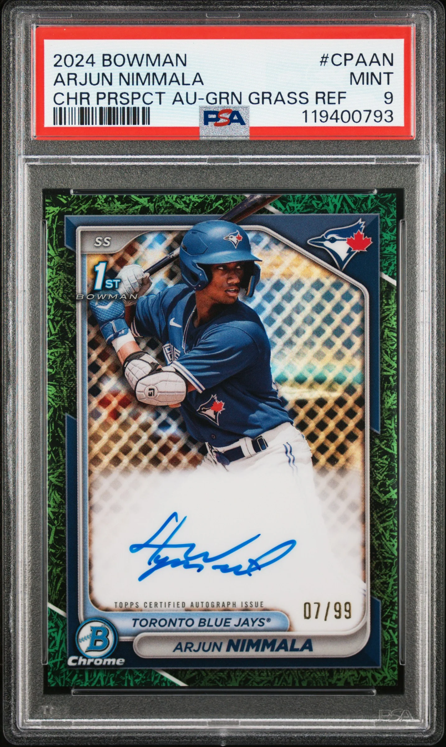 ARJUN NIMMALA | 2024 BOWMAN CHROME PROSPECT AUTOGRAPHS CPAAN | CHR PRSPCT AU-GRN GRASS REF | PSA MINT 9