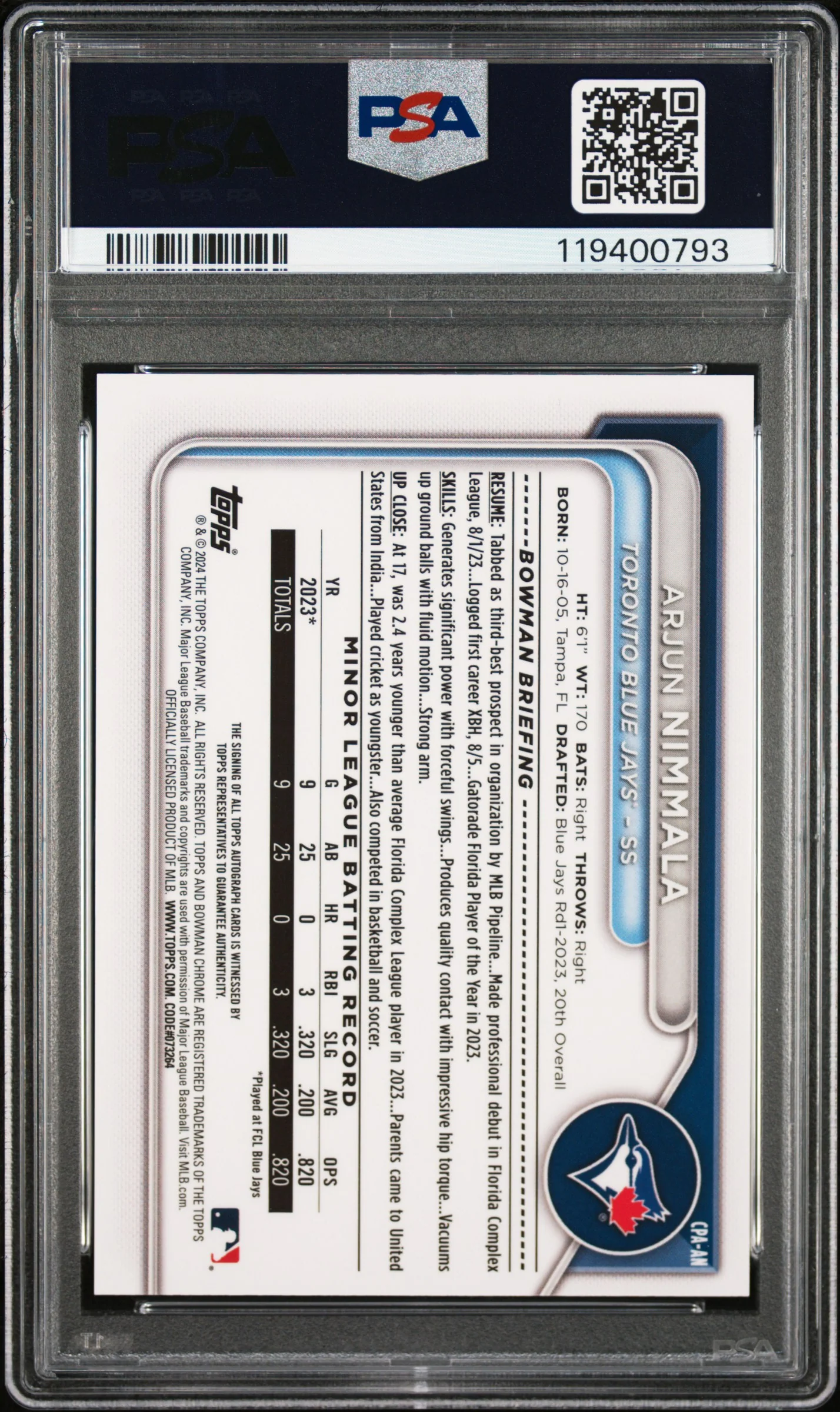 ARJUN NIMMALA | 2024 BOWMAN CHROME PROSPECT AUTOGRAPHS CPAAN | CHR PRSPCT AU-GRN GRASS REF | PSA MINT 9 - Image 2