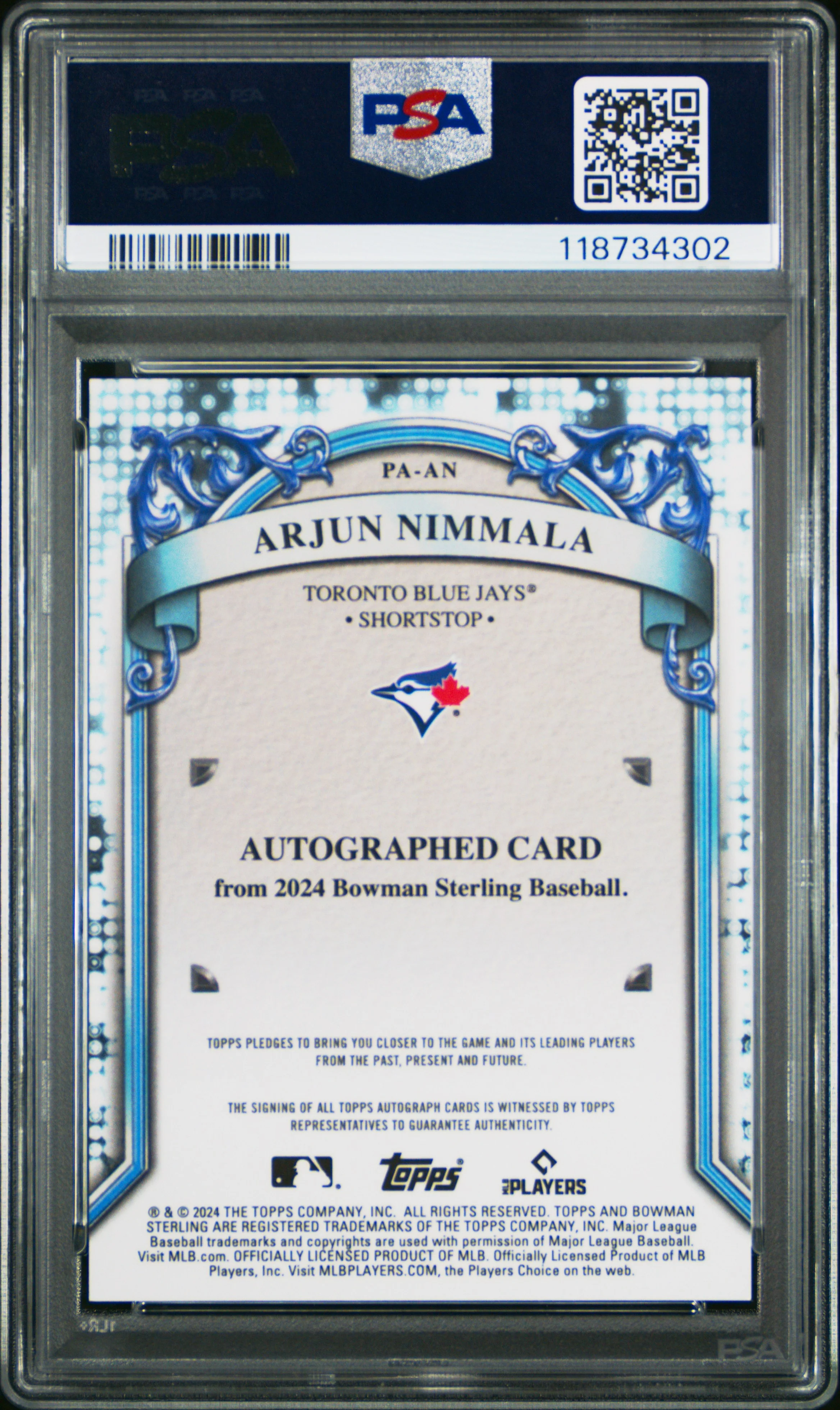 ARJUN NIMMALA | 2024 BOWMAN STERLING PROSPECT AUTOGRAPHS PAAN | PA-BLUE STERLING SCINTILLATE | PSA GEM MT 10 - Image 2