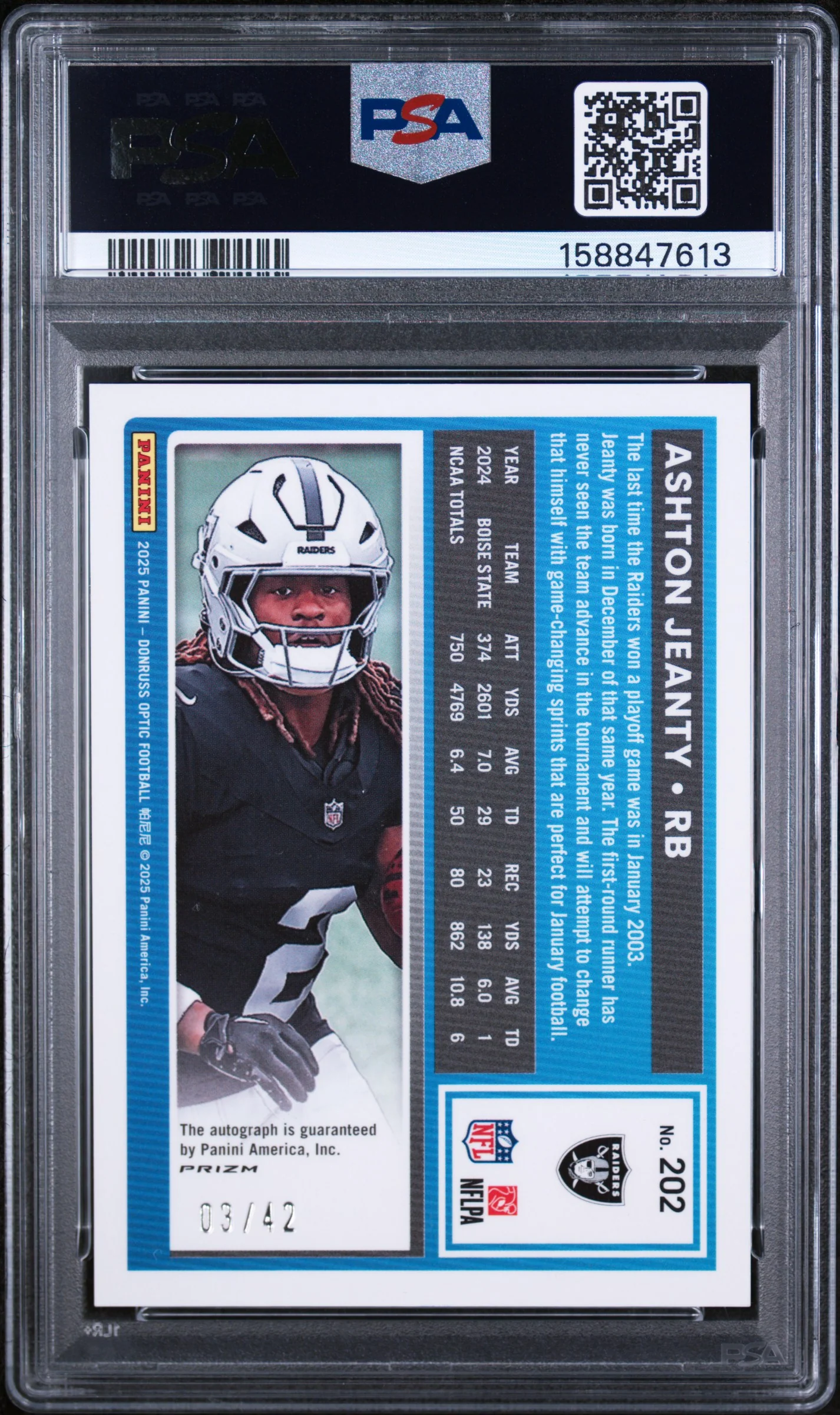 ASHTON JEANTY | 2025 PANINI DONRUSS OPTIC 202 | AUTOGRAPH-PURPLE STARS | PSA GEM MT 10 - Image 2