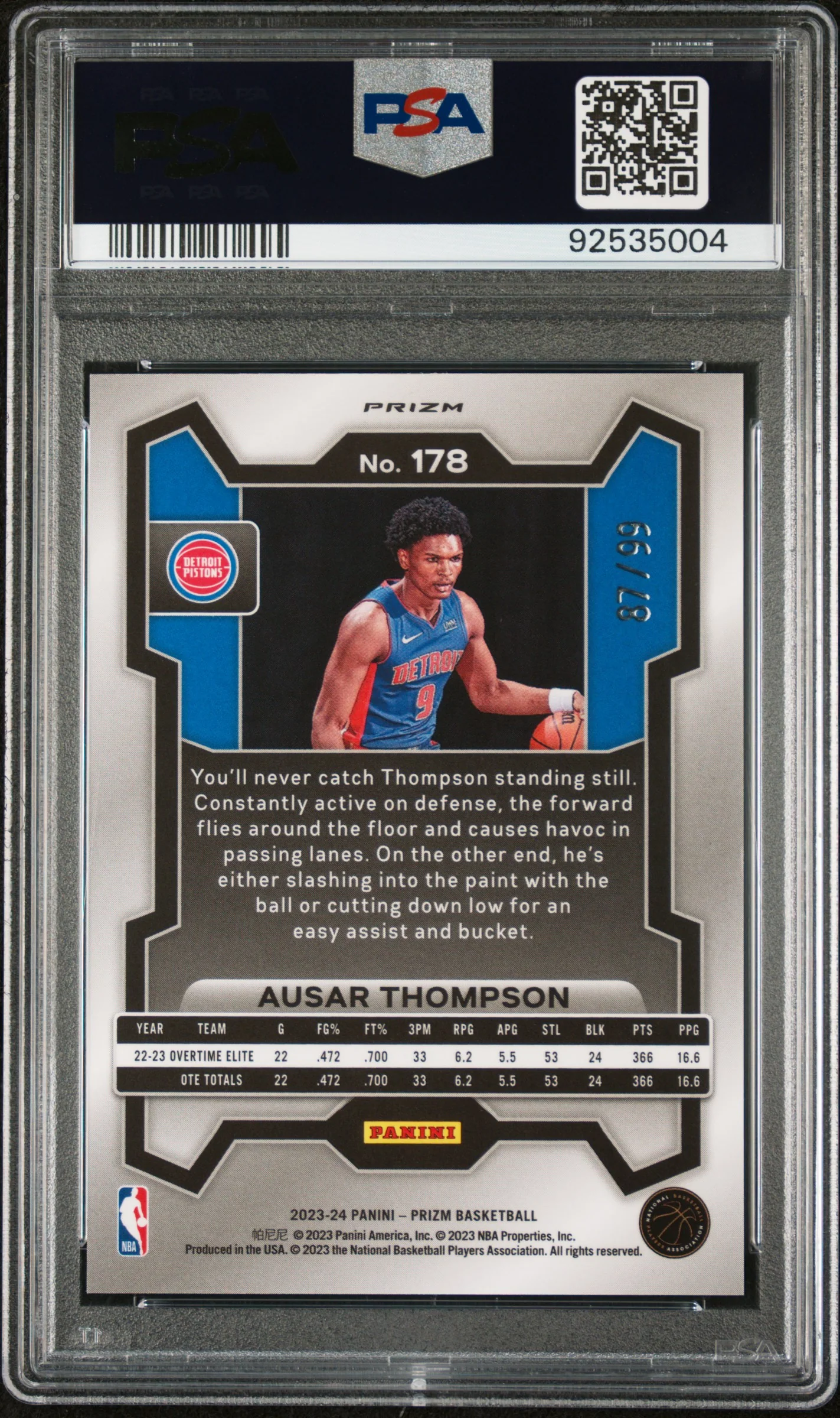AUSAR THOMPSON | 2023 PANINI PRIZM 178 | BLUE SEISMIC | PSA GEM MT 10 - Image 2