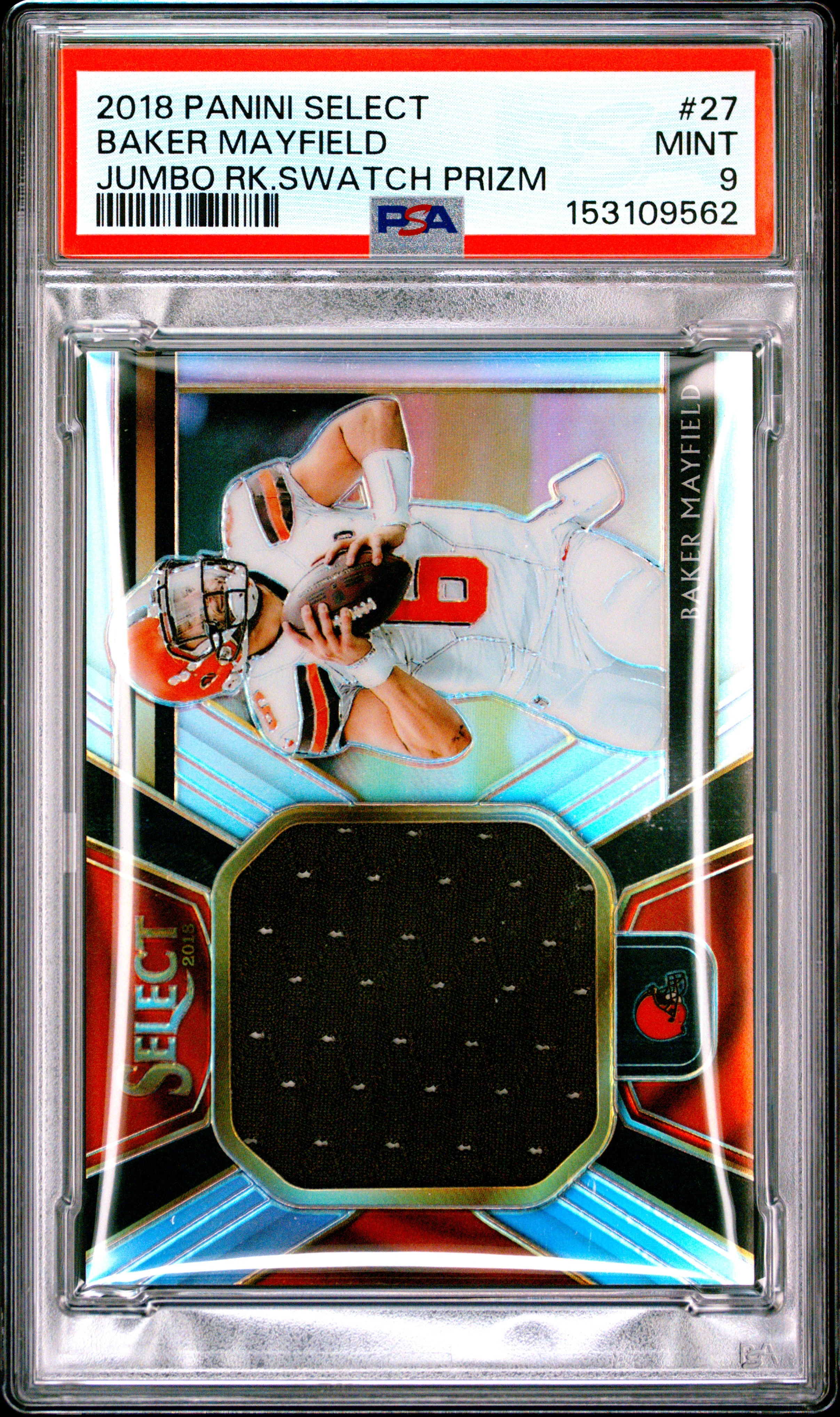 BAKER MAYFIELD | 2018 PANINI SELECT JUMBO ROOKIE SWATCH PRIZM 27 | JUMBO RK.SWATCH PRIZM | PSA MINT 9