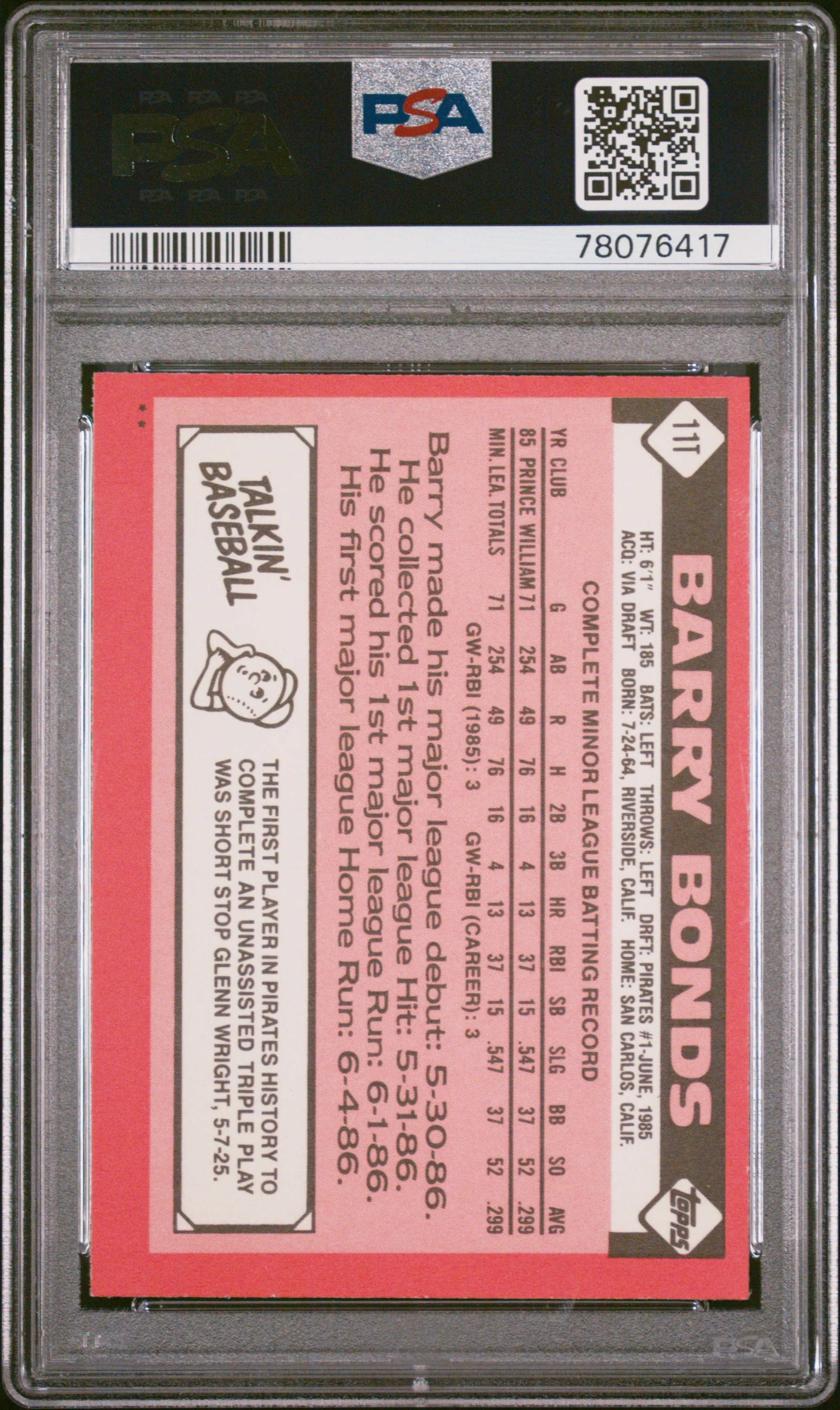 BARRY BONDS | 1986 TOPPS TRADED 11T | PSA NM-MT 8 - Image 2