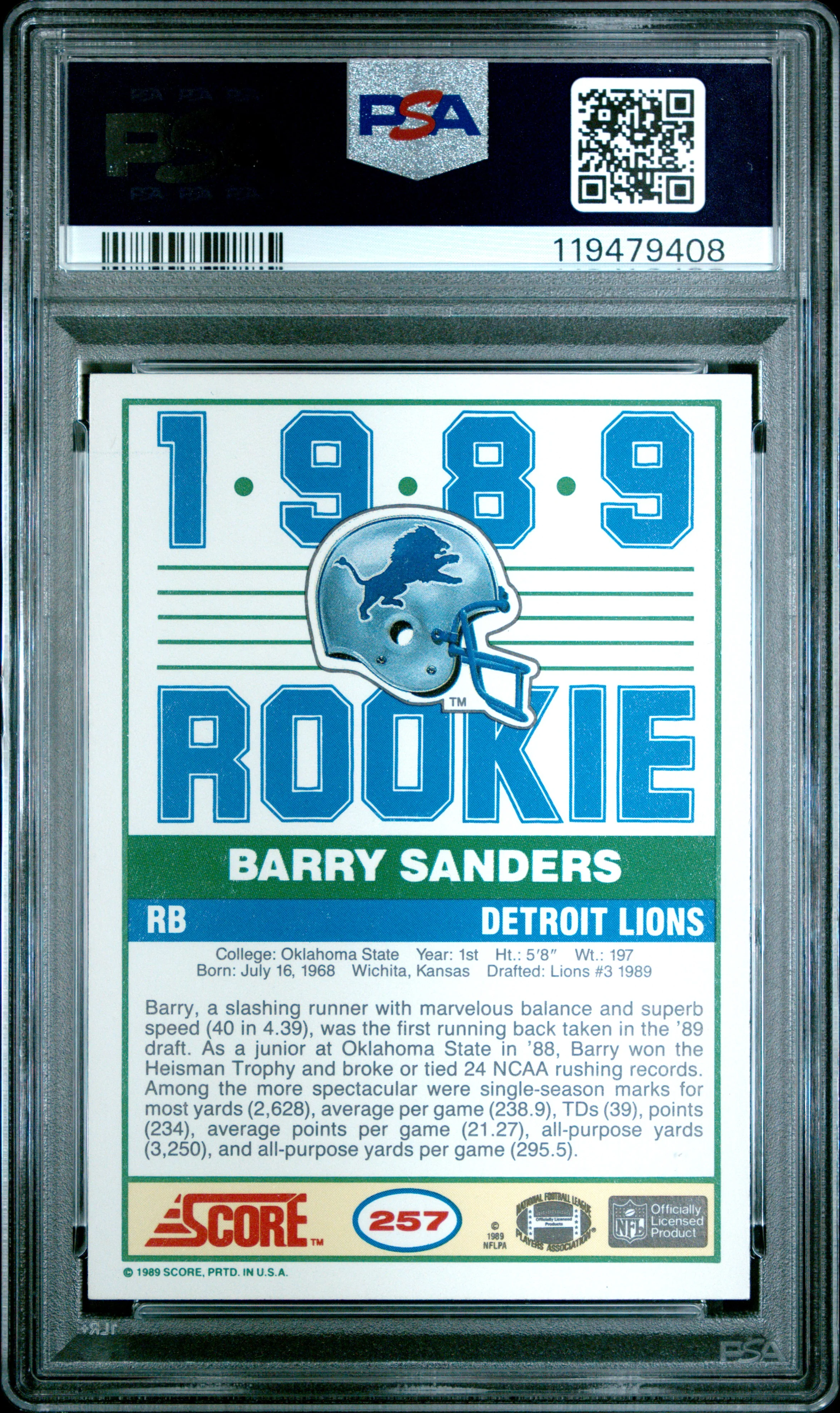BARRY SANDERS | 1989 SCORE 257 | PSA NM-MT 8 - Image 2