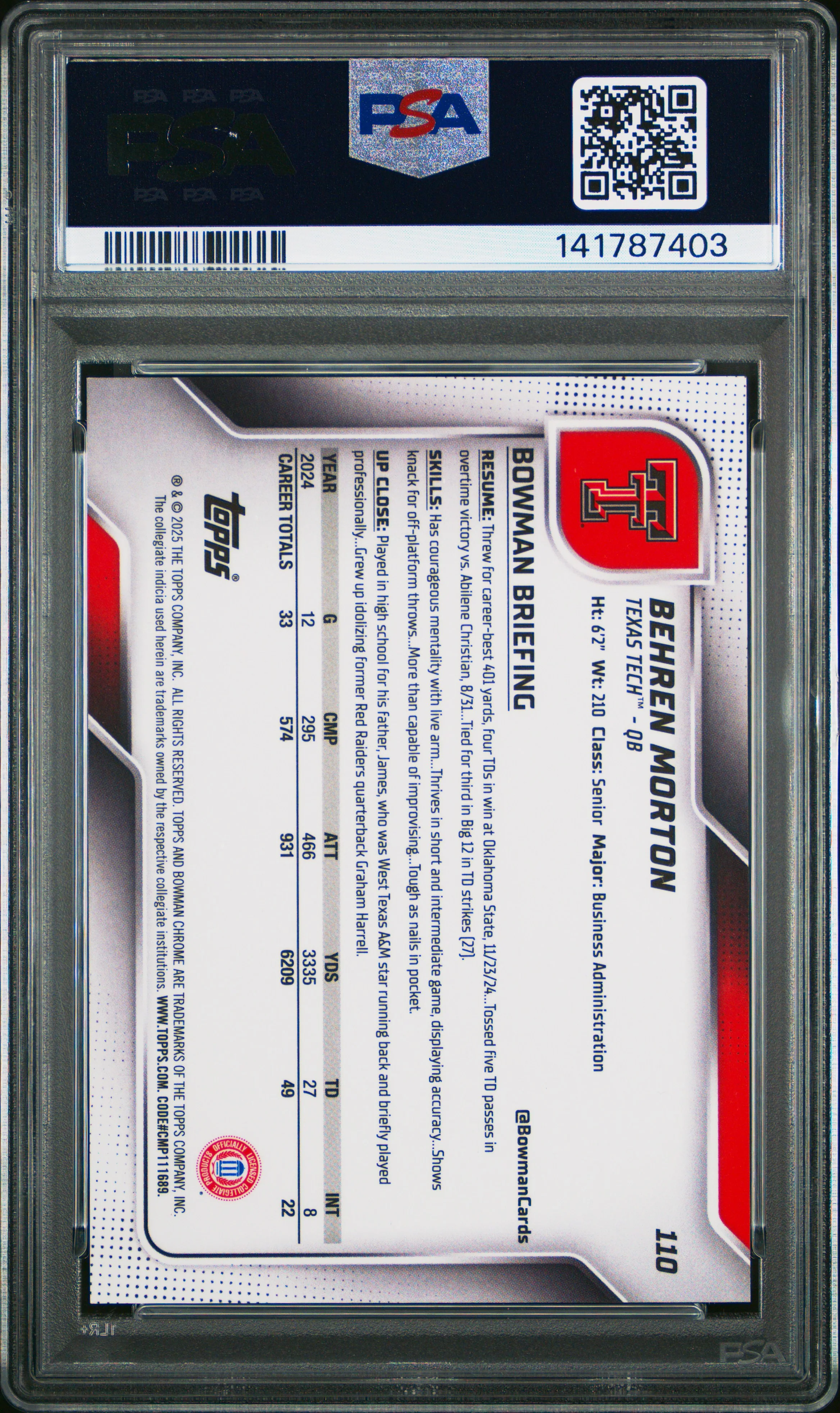 BEHREN MORTON | 2025 BOWMAN UNIVERSITY CHROME 110 | ORANGE SHIMMER | PSA GEM MT 10 - Image 2