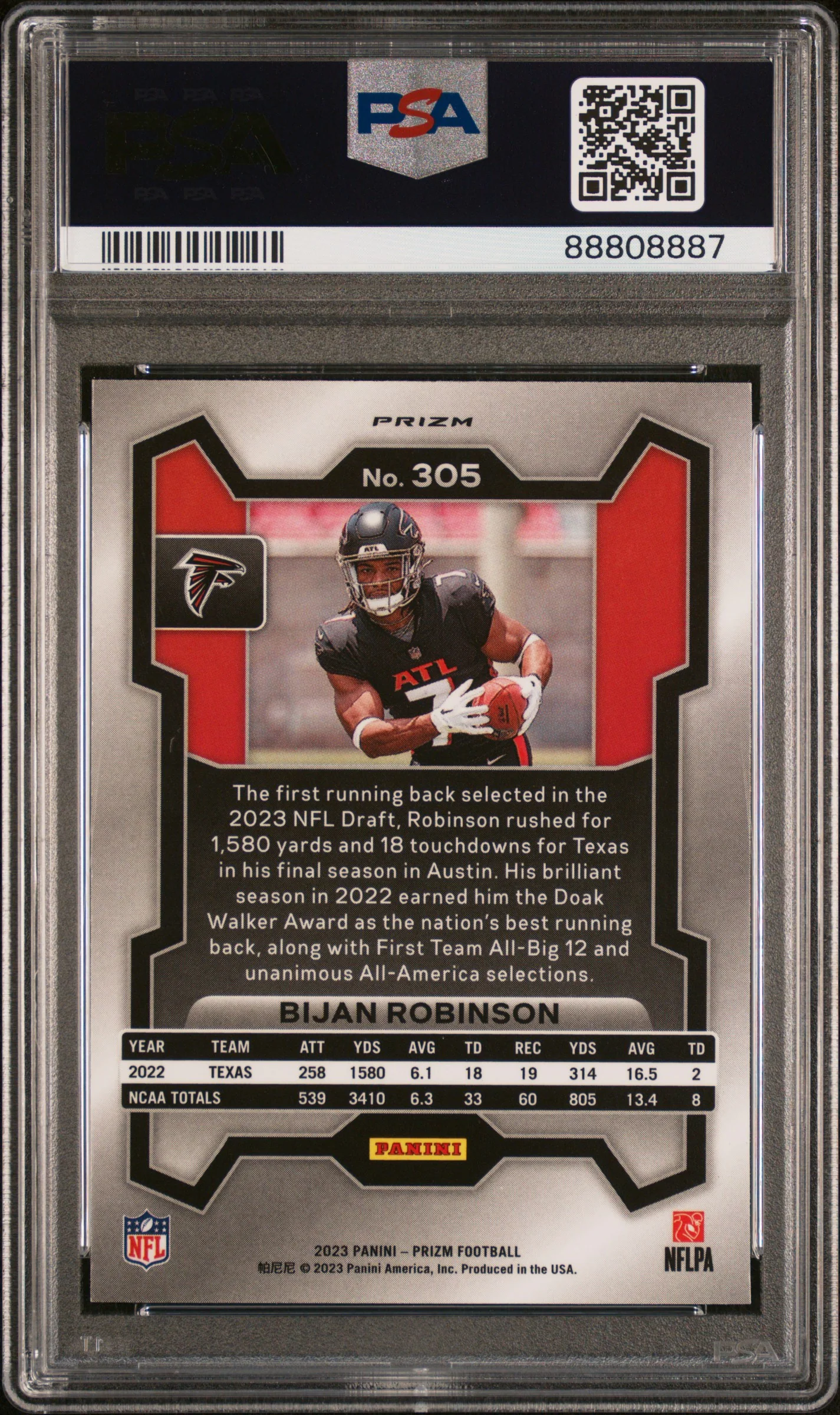 BIJAN ROBINSON | 2023 PANINI PRIZM 305 | RED/WHITE/BLUE PRIZM | PSA GEM MT 10 - Image 2