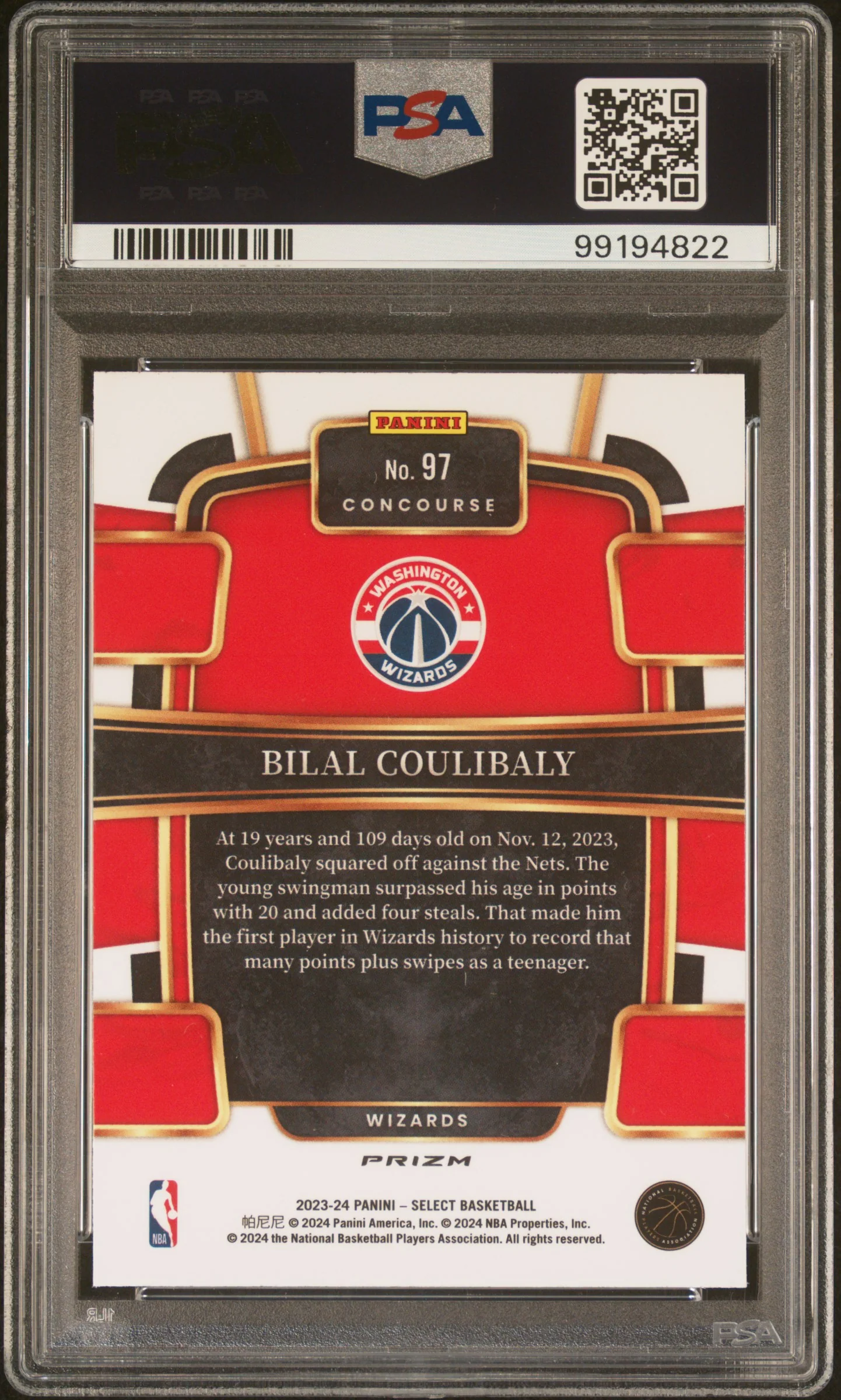 BILAL COULIBALY | 2023 PANINI SELECT 97 | ZEBRA PRIZM | PSA GEM MT 10 - Image 2