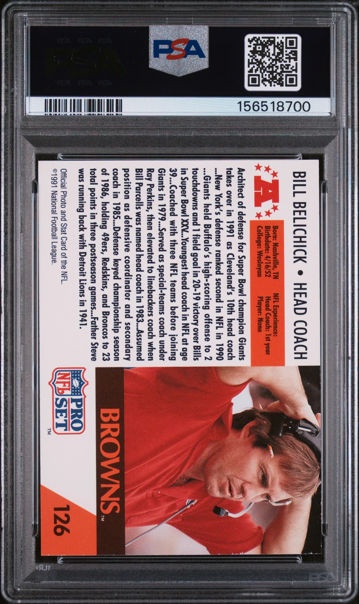 BILL BELICHICK | 1991 PRO SET 126 | PSA NM 7 - Image 2