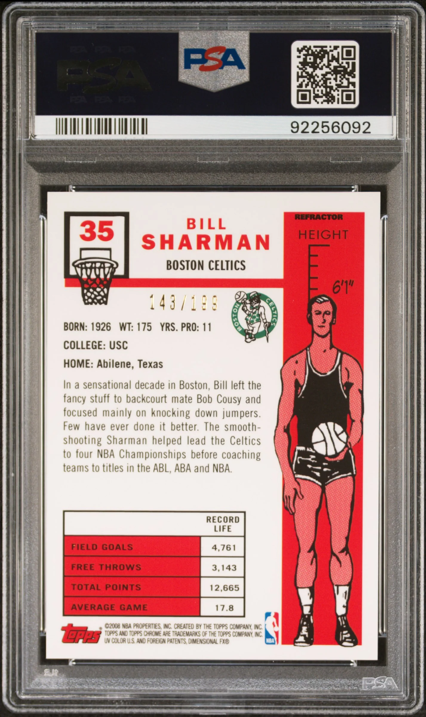 BILL SHARMAN | 2007 TOPPS CHROME 35 | 1957-58 VAR.-ORANGE REF. | PSA MINT 9 - Image 2