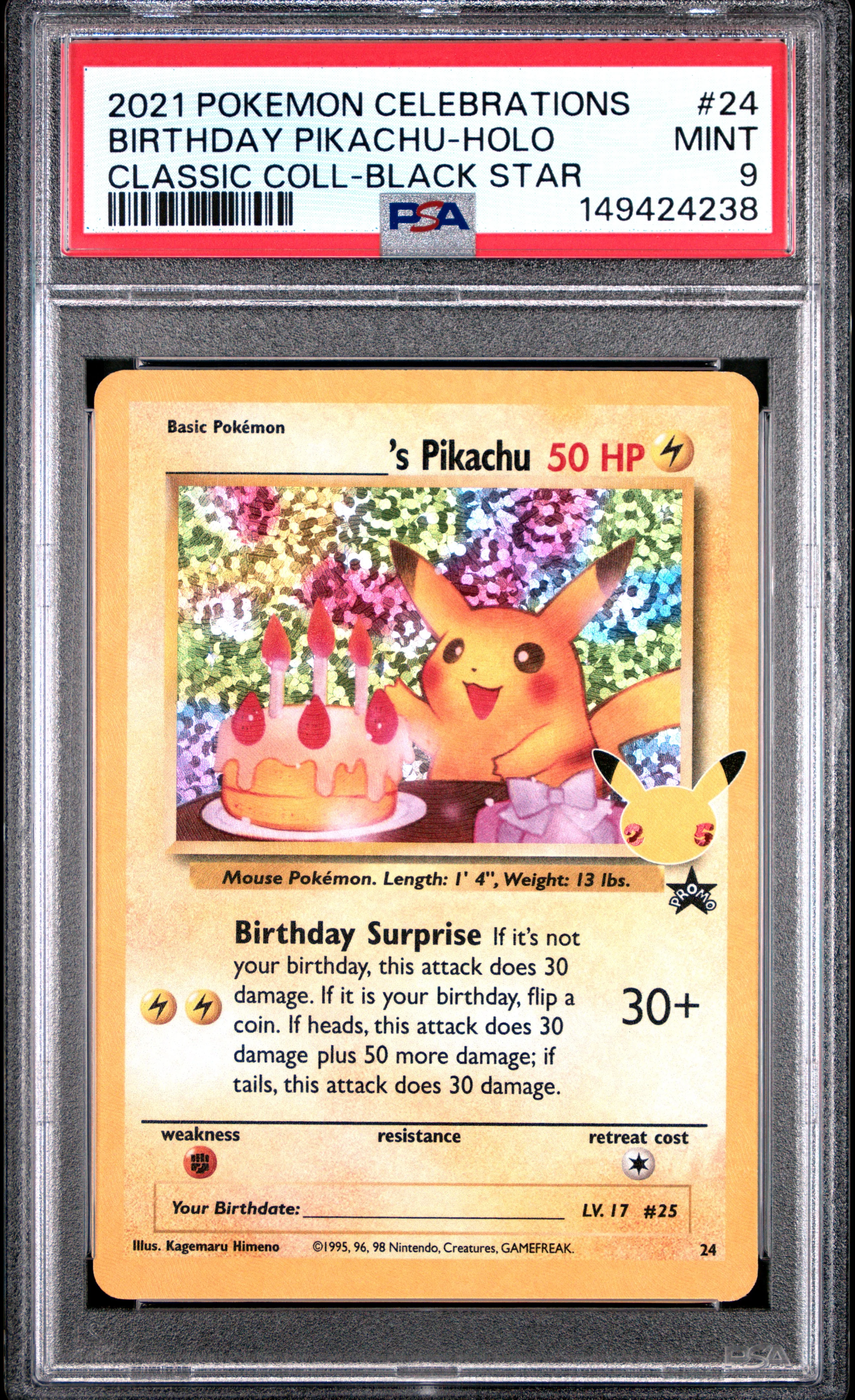 BIRTHDAY PIKACHU-HOLO | 2021 POKEMON CELEBRATIONS CLASSIC COLLECTION 24 | CLASSIC COLL-BLACK STAR | PSA MINT 9