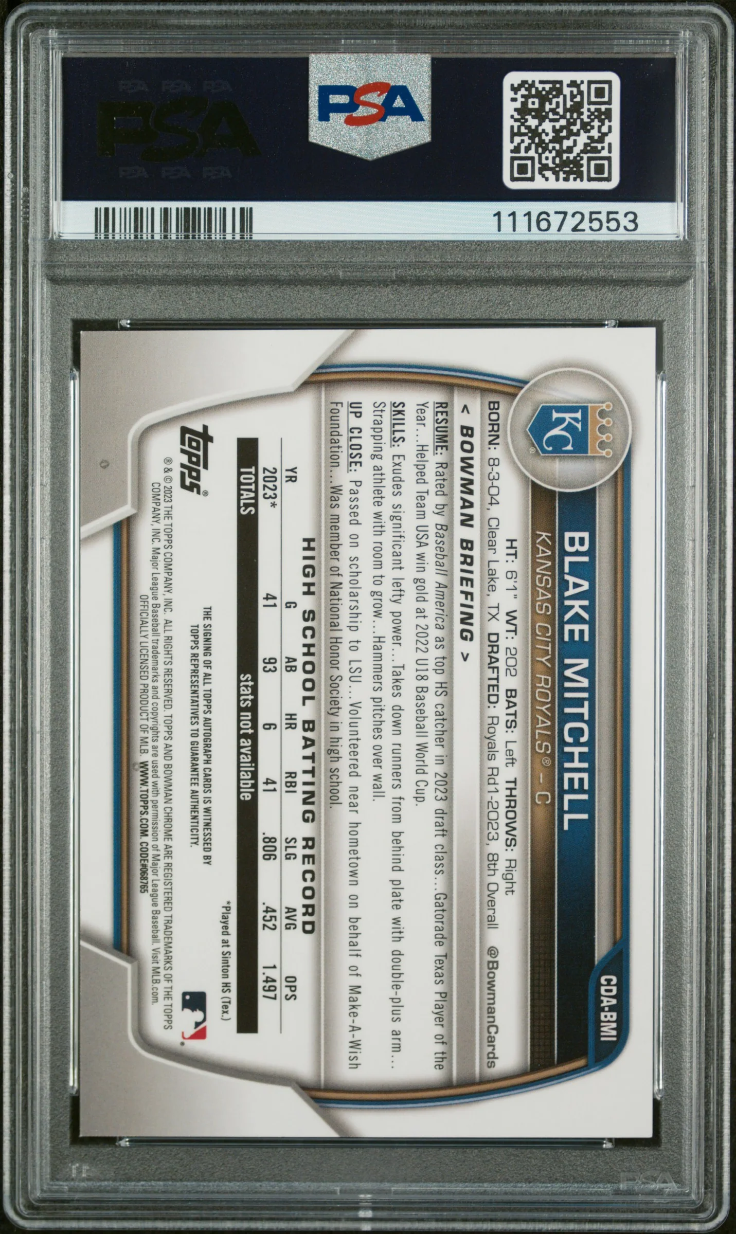 BLAKE MITCHELL | 2023 BOWMAN DRAFT CHROME PROSPECT AUTOGRAPH CDABMI | PSA MINT 9 - Image 2