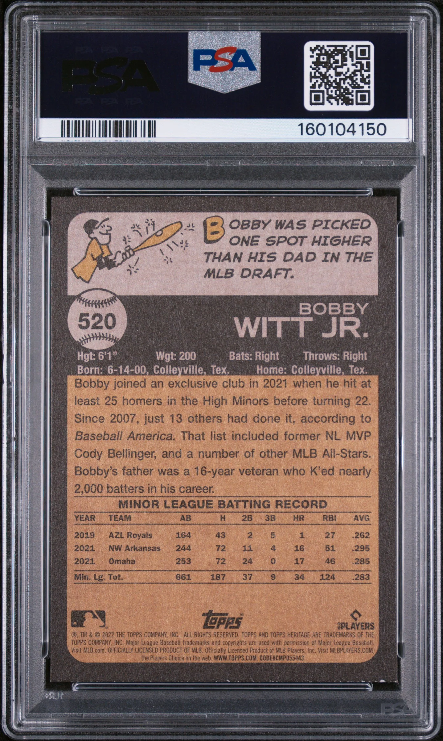 BOBBY WITT JR. | 2022 TOPPS HERITAGE 520 | PSA MINT 9 - Image 2