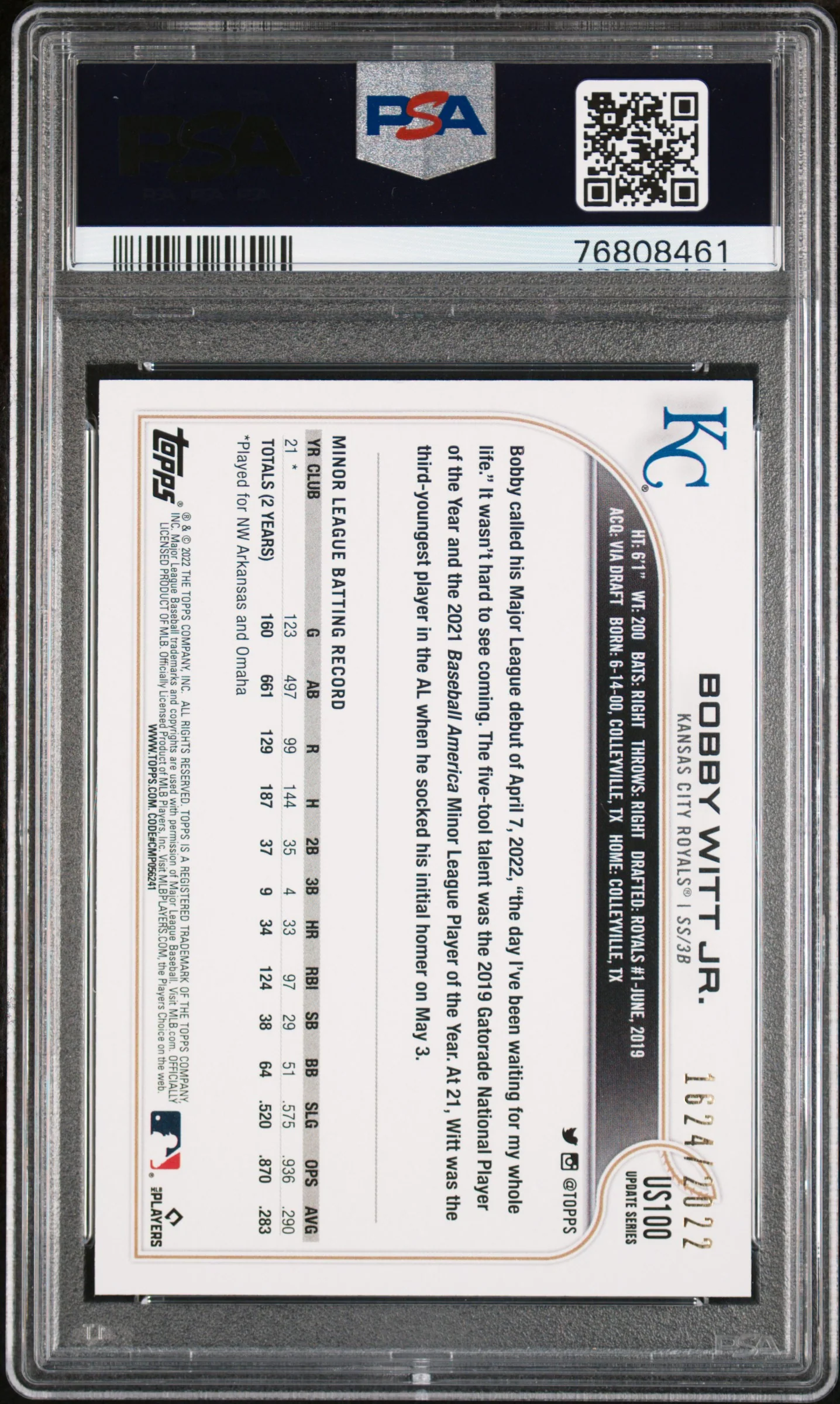 BOBBY WITT JR. | 2022 TOPPS UPDATE US100 | GOLD | PSA MINT 9 - Image 2