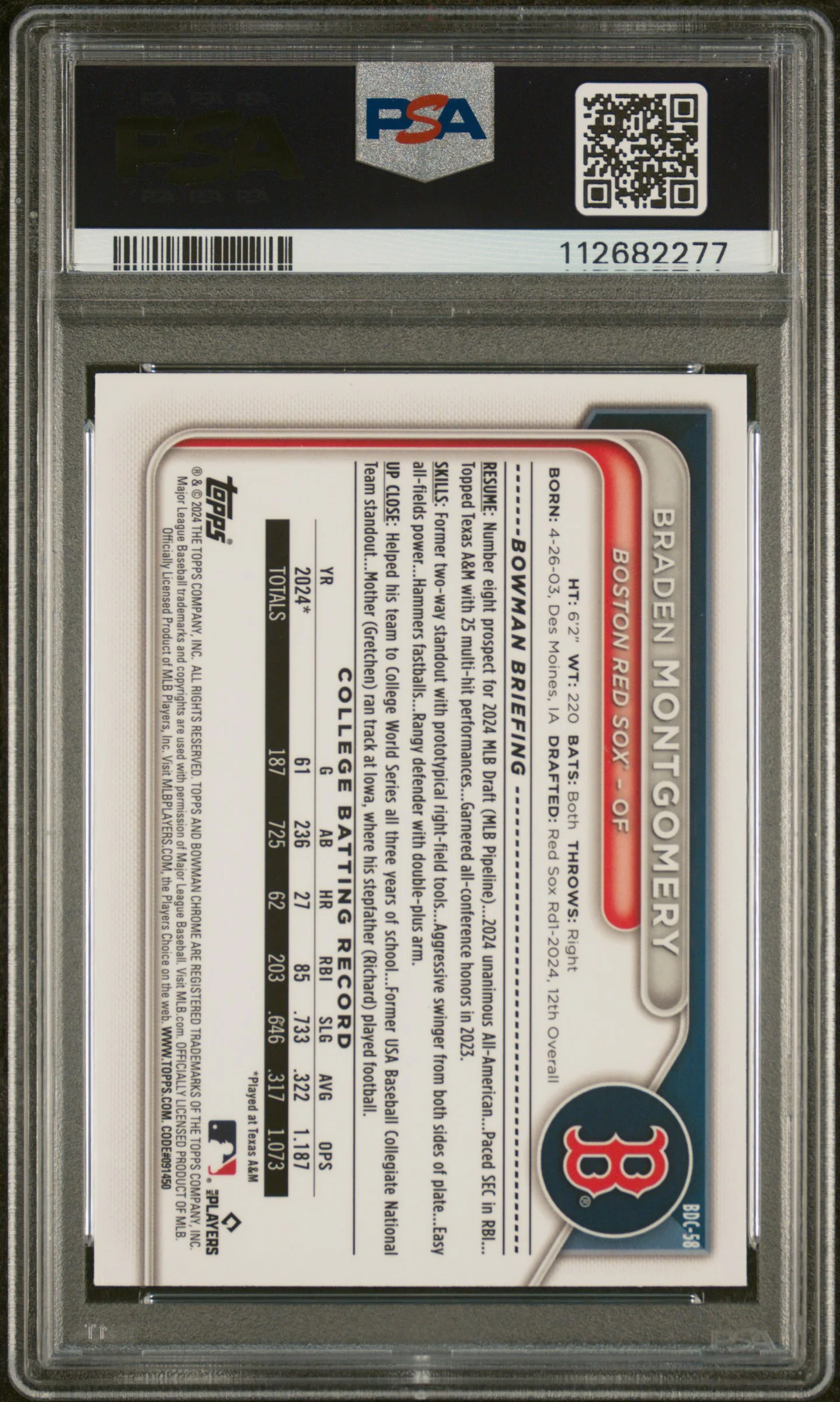 BRADEN MONTGOMERY | 2024 BOWMAN DRAFT BDC58 | CHROME-SPARKLE REFRACTOR | PSA MINT 9 - Image 2