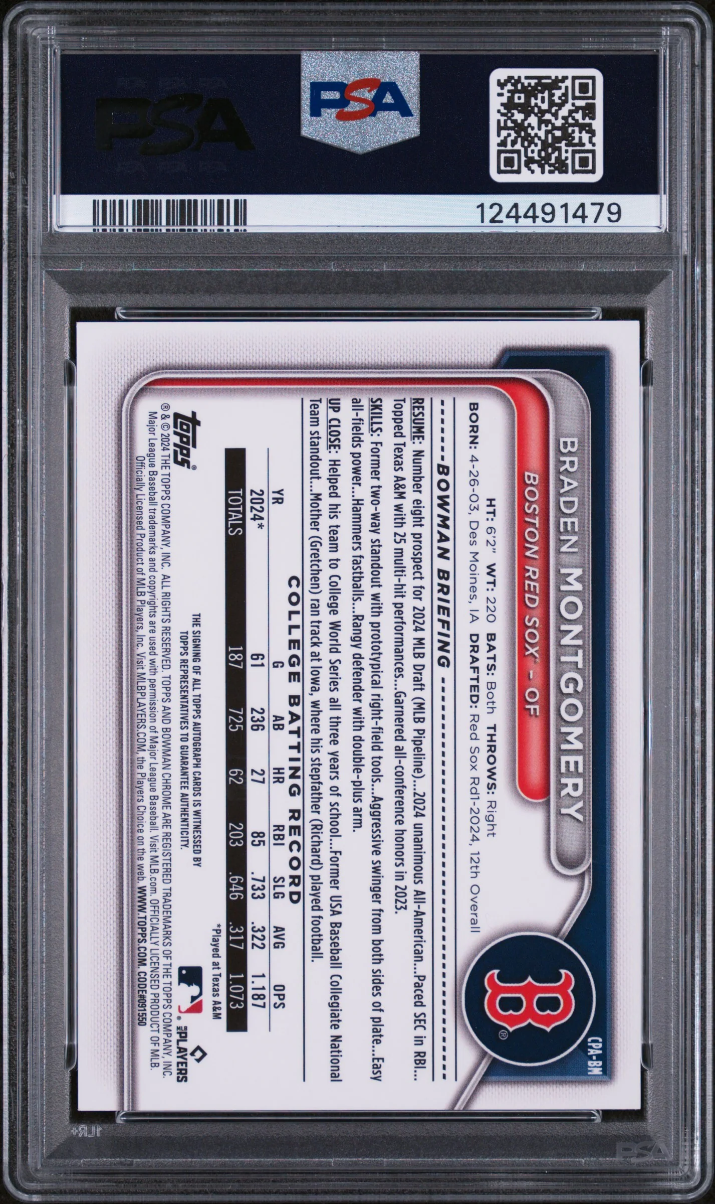 BRADEN MONTGOMERY | 2024 BOWMAN DRAFT CHROME PROSPECT AUTOGRAPHS CPABM | PSA GEM MT 10 - Image 2