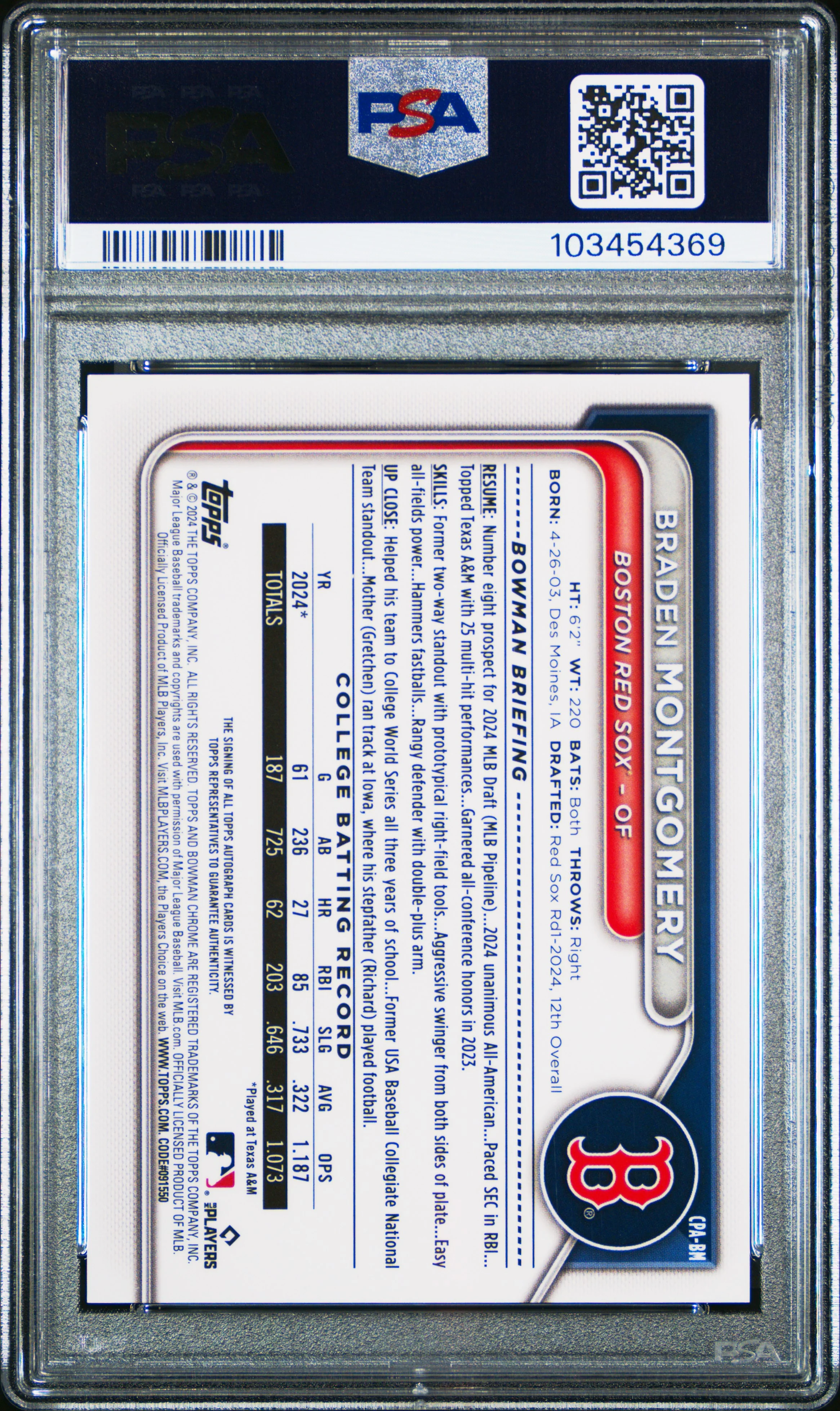 BRADEN MONTGOMERY | 2024 BOWMAN DRAFT CHROME PROSPECT AUTOGRAPHS CPABM | PSA MINT 9 - Image 2