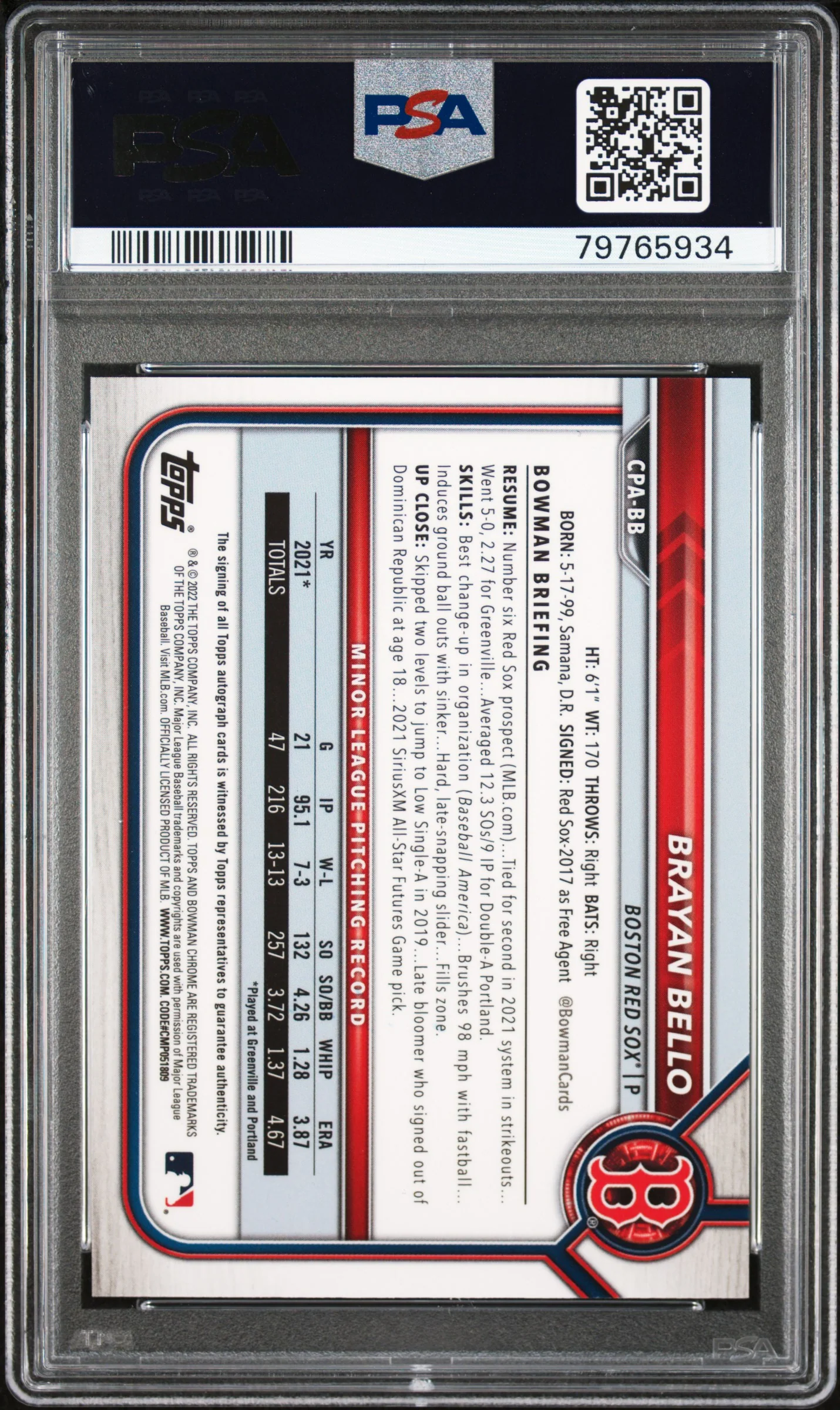 BRAYAN BELLO | 2022 BOWMAN CHROME PROSPECT AUTOGRAPHS CPABB | CHROME PROSPECT AUTO. | PSA GEM MT 10 - Image 2