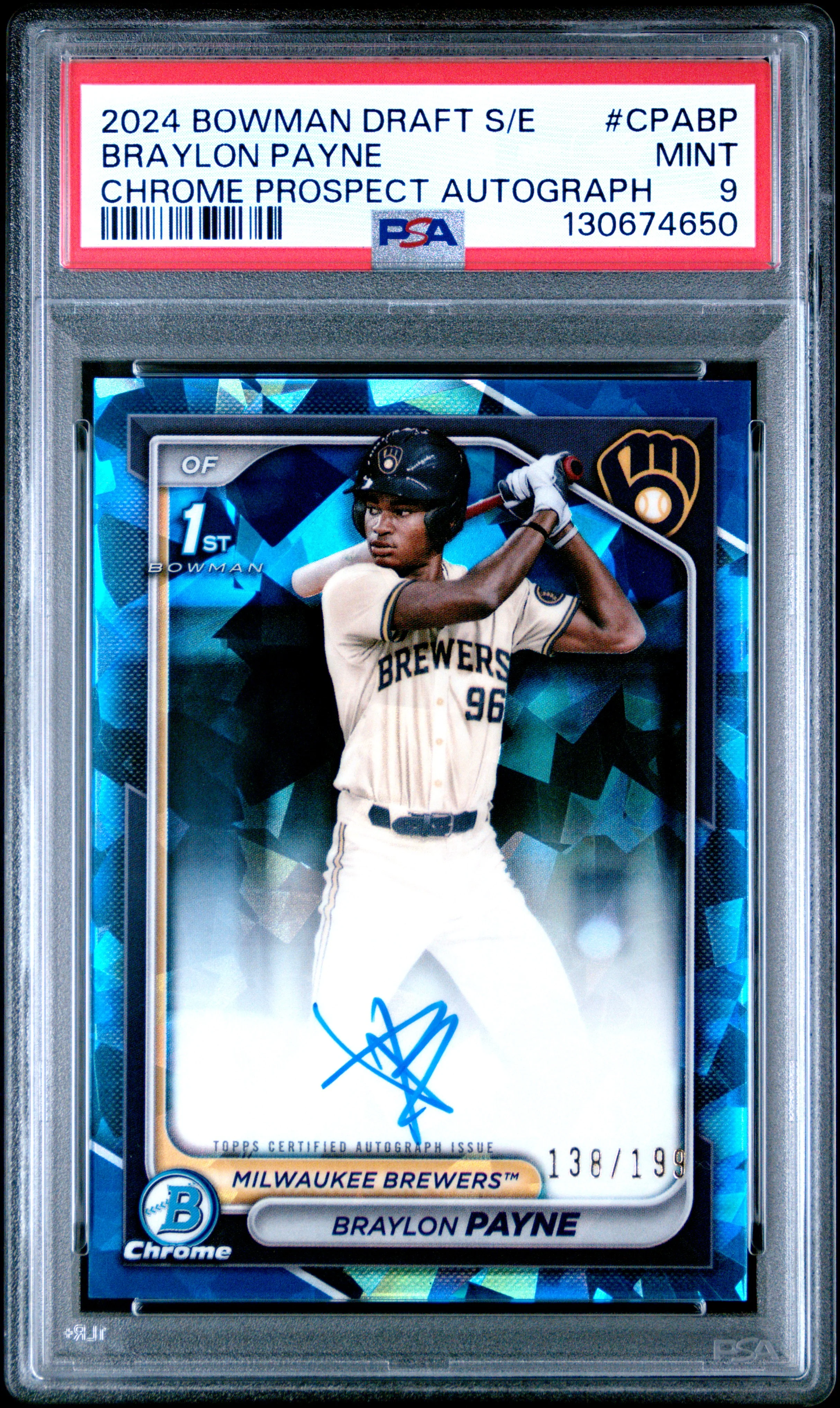 BRAYLON PAYNE | 2024 BOWMAN DRAFT SAPPHIRE EDITION CHROME SAPPHIRE PROSPECT AUTOGRAPHS CPABP | PSA MINT 9