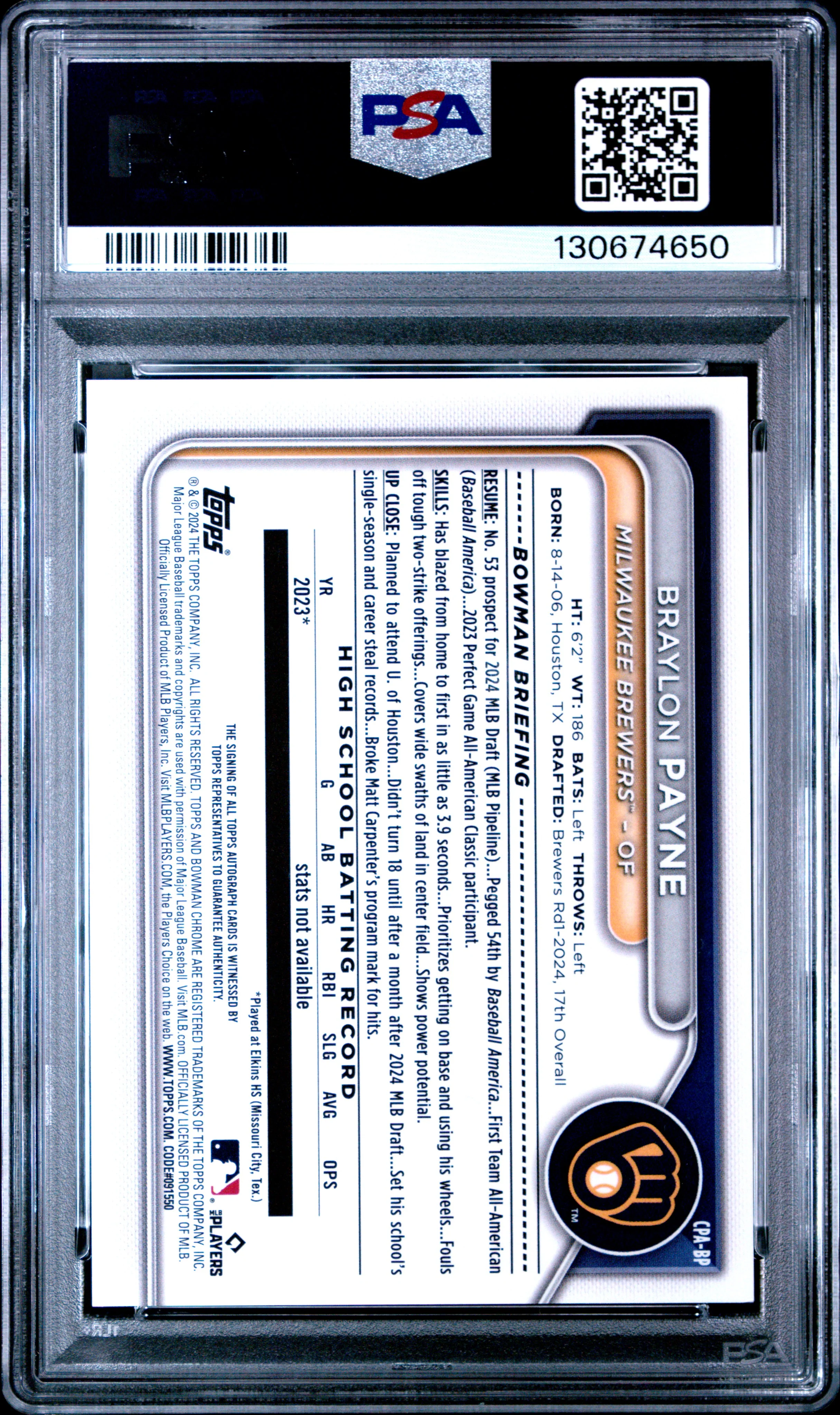 BRAYLON PAYNE | 2024 BOWMAN DRAFT SAPPHIRE EDITION CHROME SAPPHIRE PROSPECT AUTOGRAPHS CPABP | PSA MINT 9 - Image 2