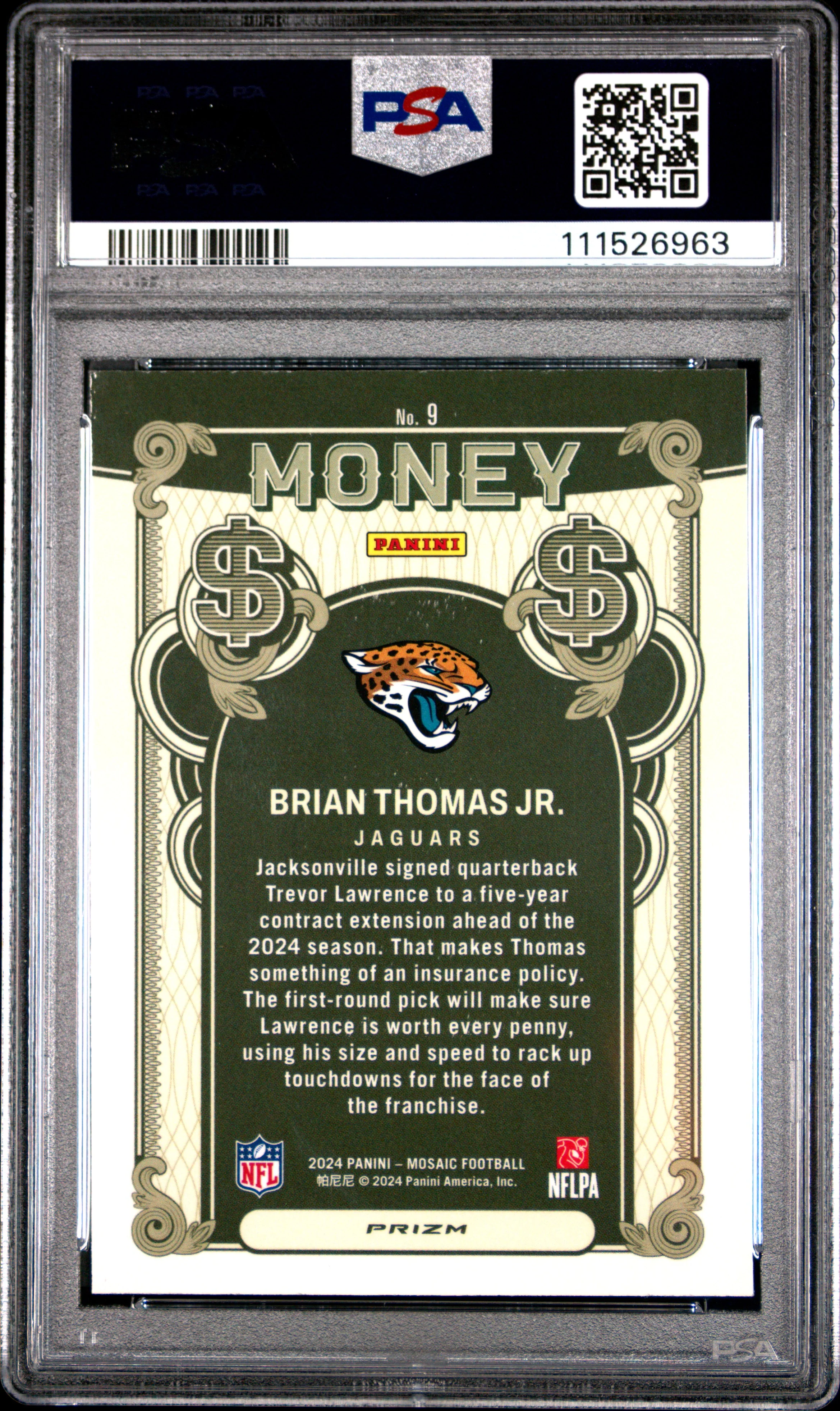 BRIAN THOMAS JR. | 2024 PANINI MOSAIC MONEY 9 | PSA GEM MT 10 - Image 2