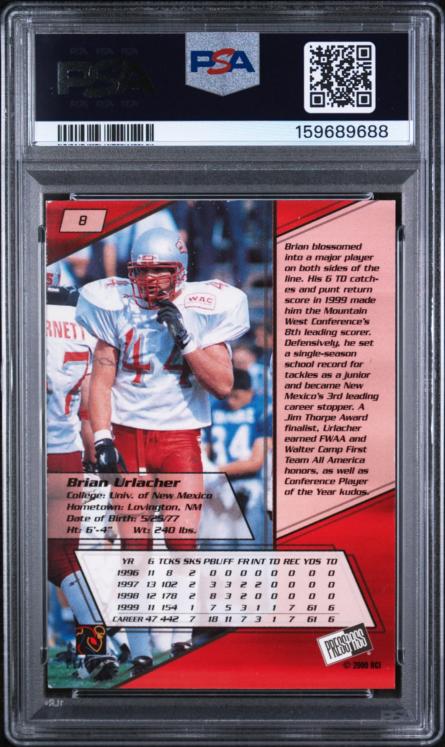 BRIAN URLACHER | 2000 PRESS PASS 8 | PSA VG-EX 4 - Image 2