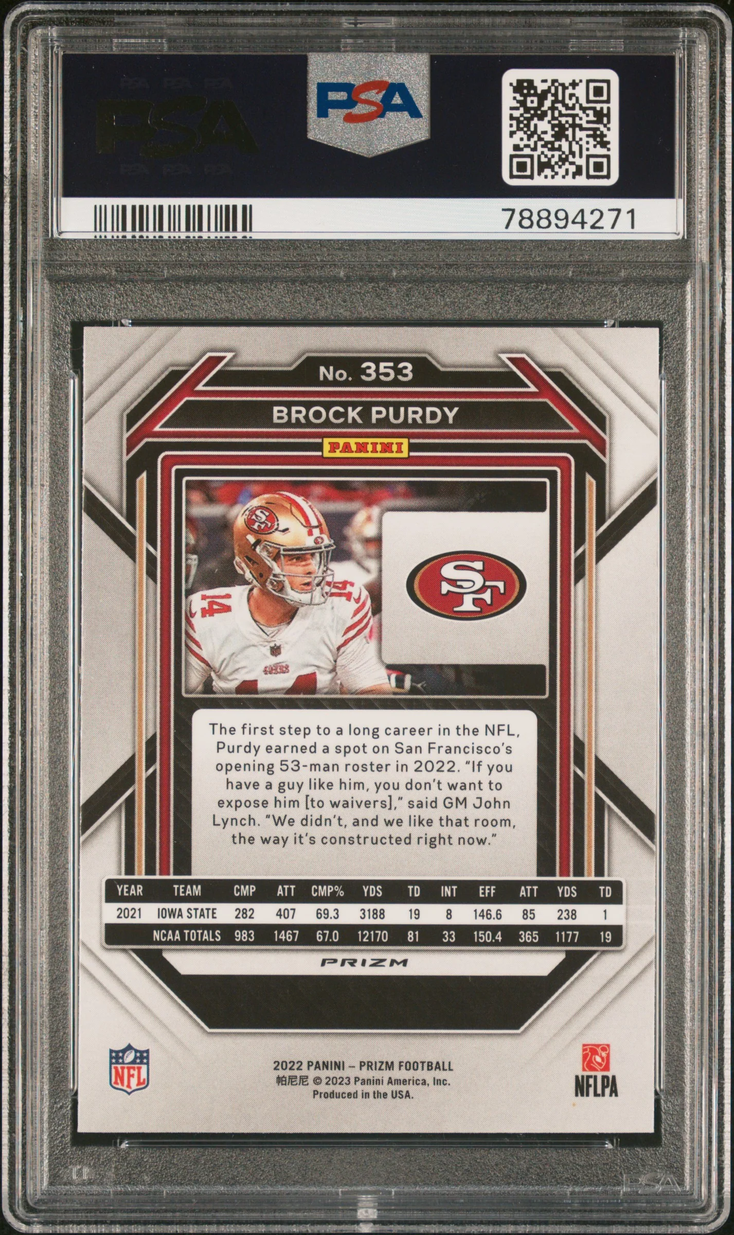 BROCK PURDY | 2022 PANINI PRIZM 353 | WHITE SPARKLE | PSA GEM MT 10 - Image 2