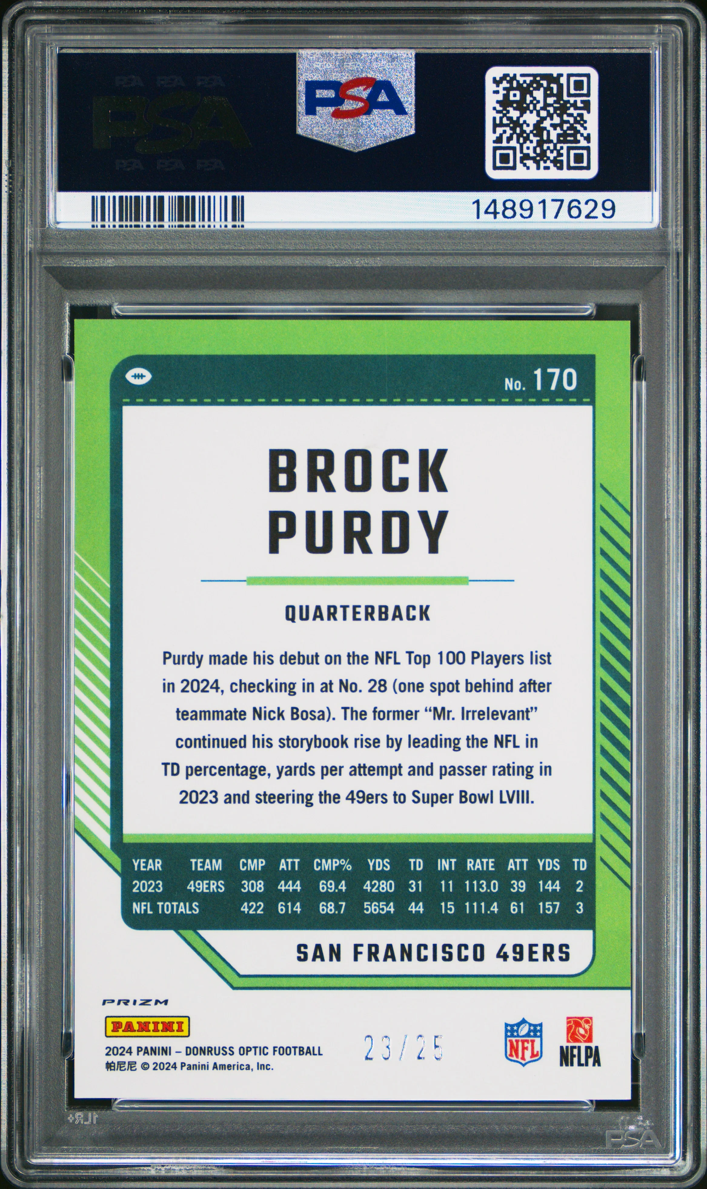 BROCK PURDY | 2024 PANINI DONRUSS OPTIC 170 | BLACK PANDORA | PSA MINT 9 - Image 2