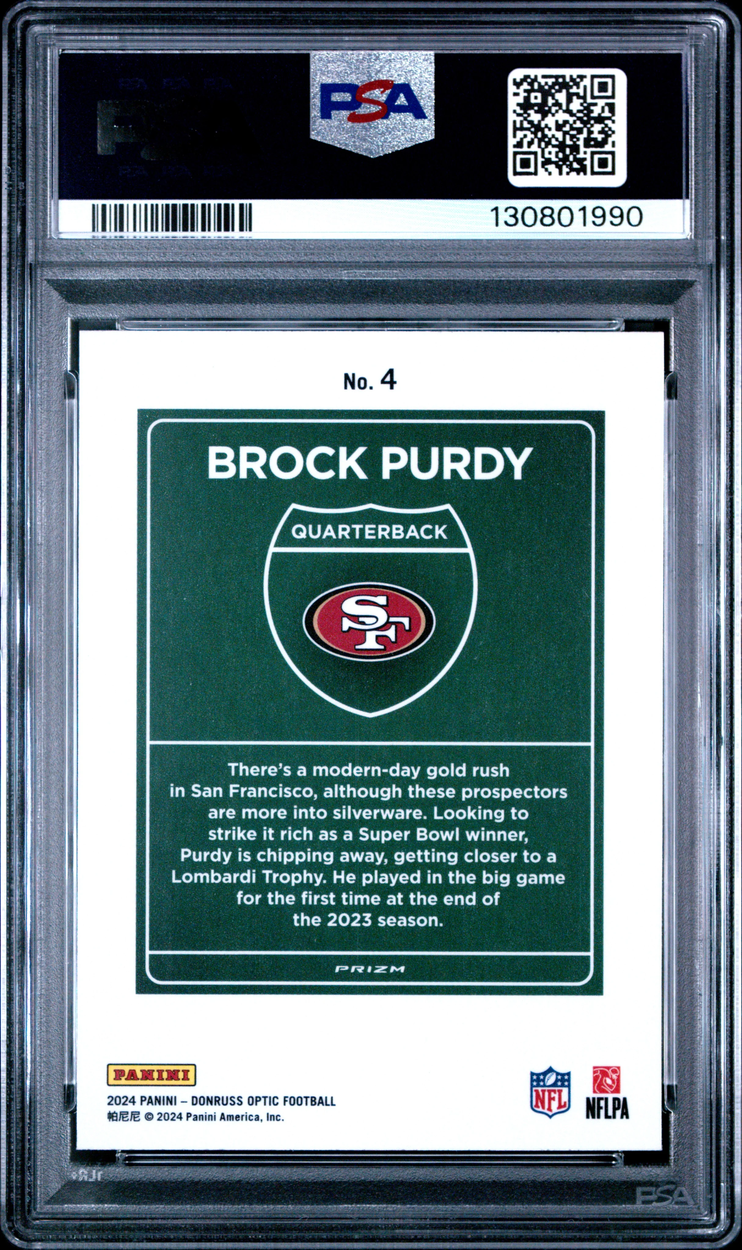BROCK PURDY | 2024 PANINI DONRUSS OPTIC DOWNTOWN! 4 | PSA MINT 9 - Image 2
