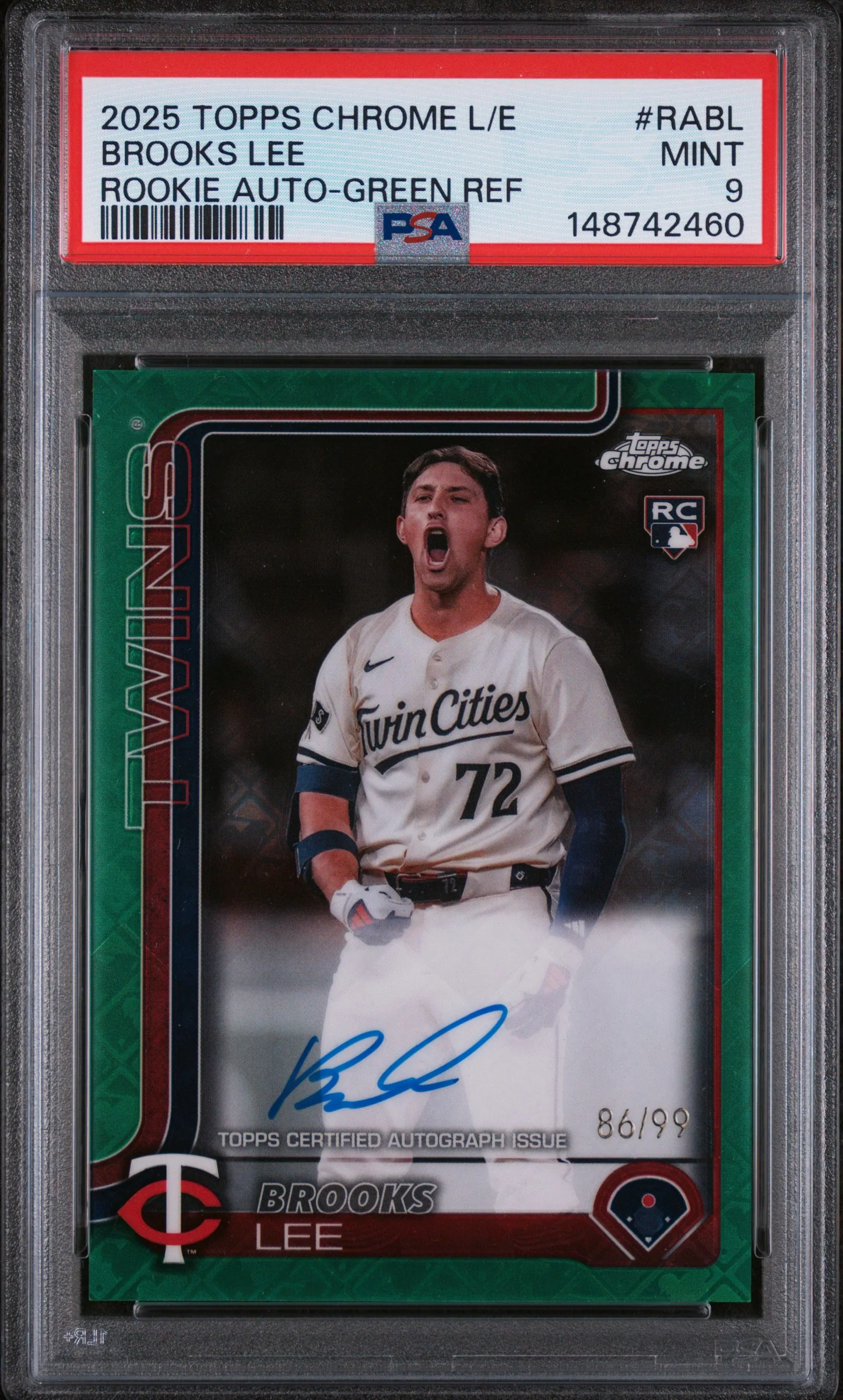 BROOKS LEE | 2025 TOPPS CHROME LOGOFRACTOR EDITION ROOKIE AUTOGRAPHS RABL | ROOKIE AUTO-GREEN REF | PSA MINT 9