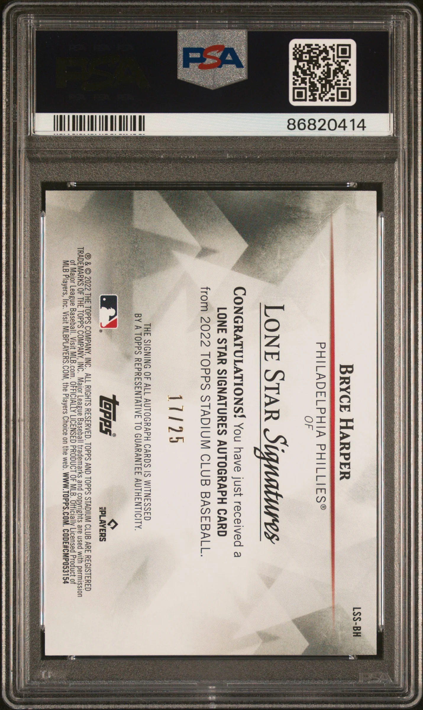 BRYCE HARPER | 2022 TOPPS STADIUM CLUB LONE STAR SIGNATURES LSSBH | LONE STAR SIGNATURES | PSA GEM MT 10 - Image 2