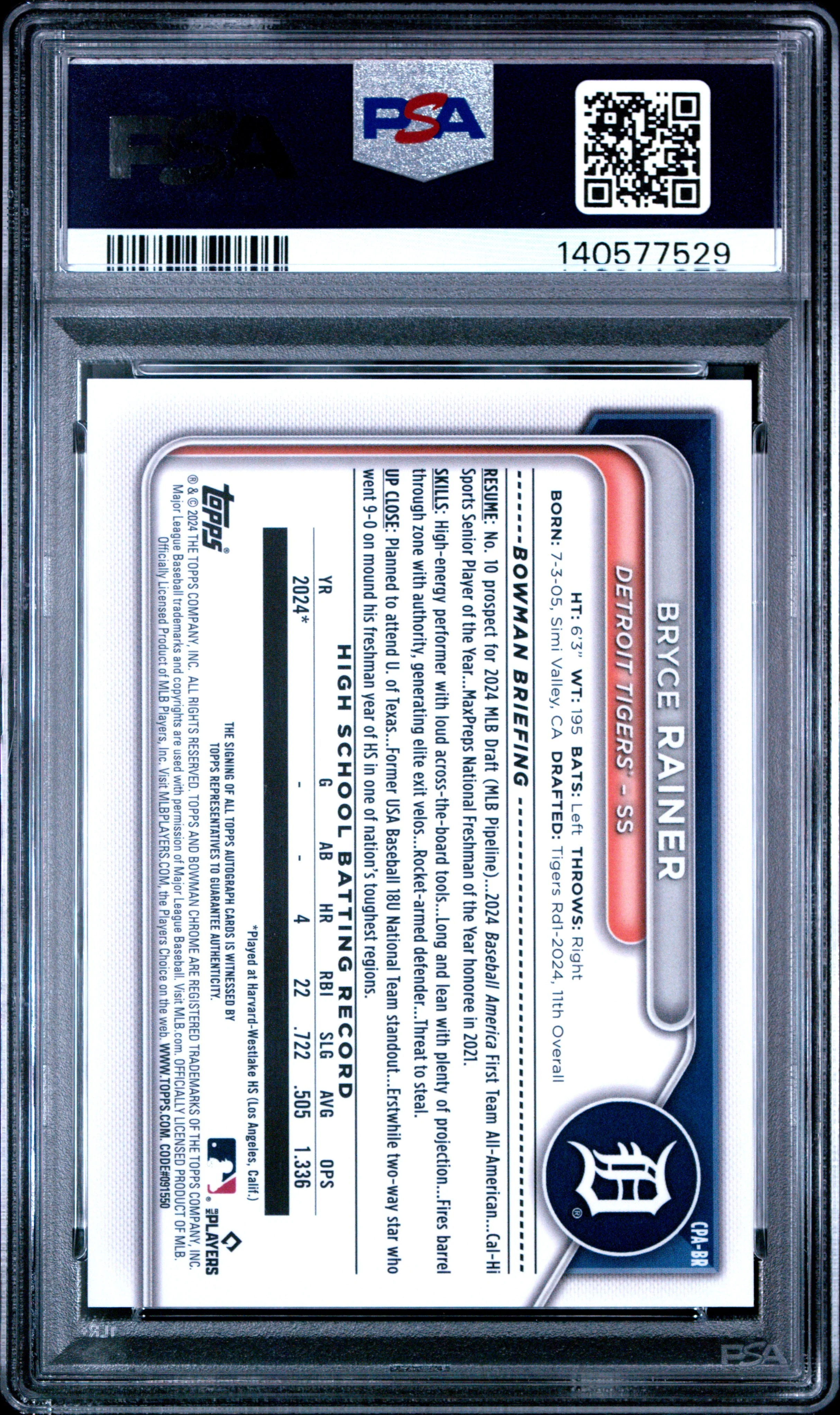 BRYCE RAINER | 2024 BOWMAN DRAFT CHROME PROSPECT AUTOGRAPHS CPABR | PSA MINT 9 - Image 2