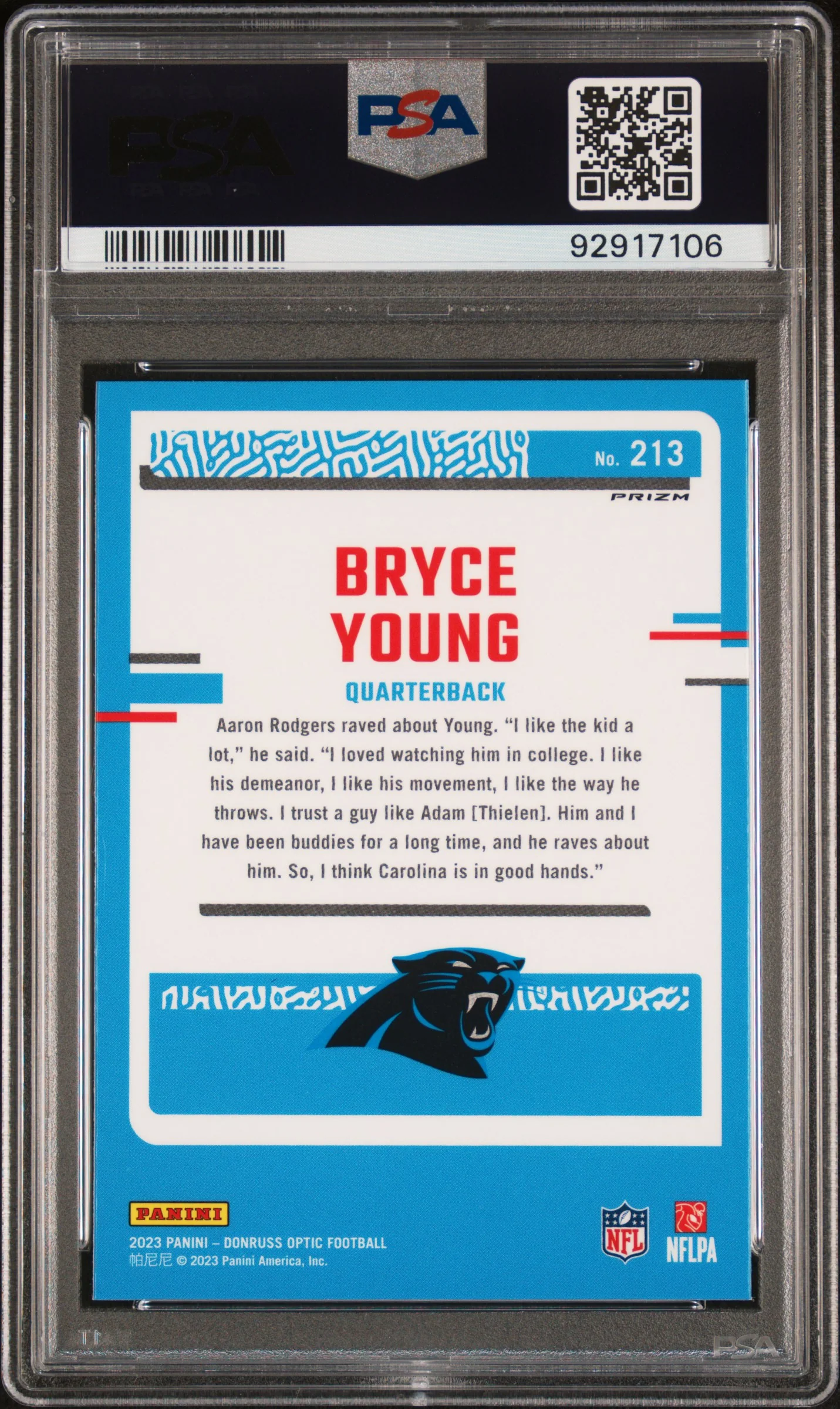 BRYCE YOUNG | 2023 PANINI DONRUSS OPTIC 213 | PURPLE SHOCK | PSA MINT 9 - Image 2