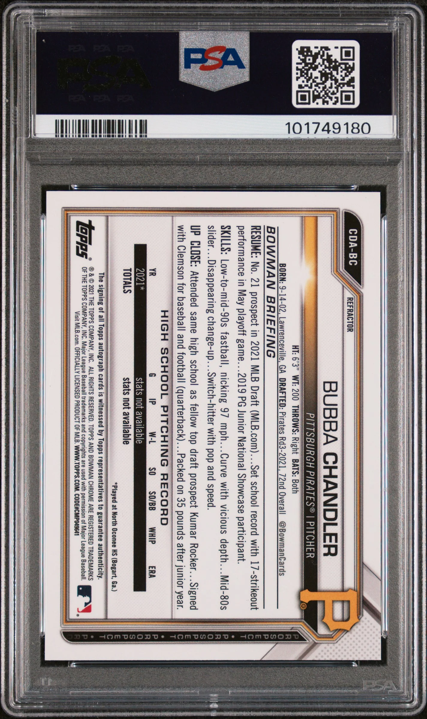 BUBBA CHANDLER | 2021 BOWMAN DRAFT CHROME DRAFT PICK AUTOGRAPHS CDABC | CHROME DP AUTO-REFRACTOR | PSA GEM MT 10 - Image 2