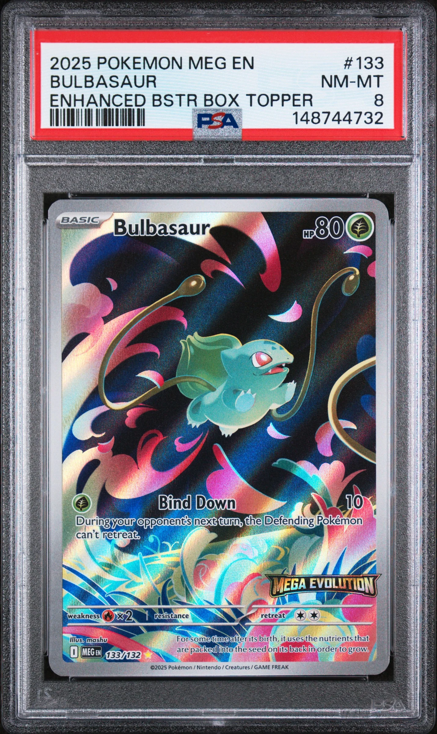 BULBASAUR | 2025 POKEMON MEG EN-MEGA EVOLUTION 133 | ENHANCED BSTR BOX TOPPER | PSA NM-MT 8