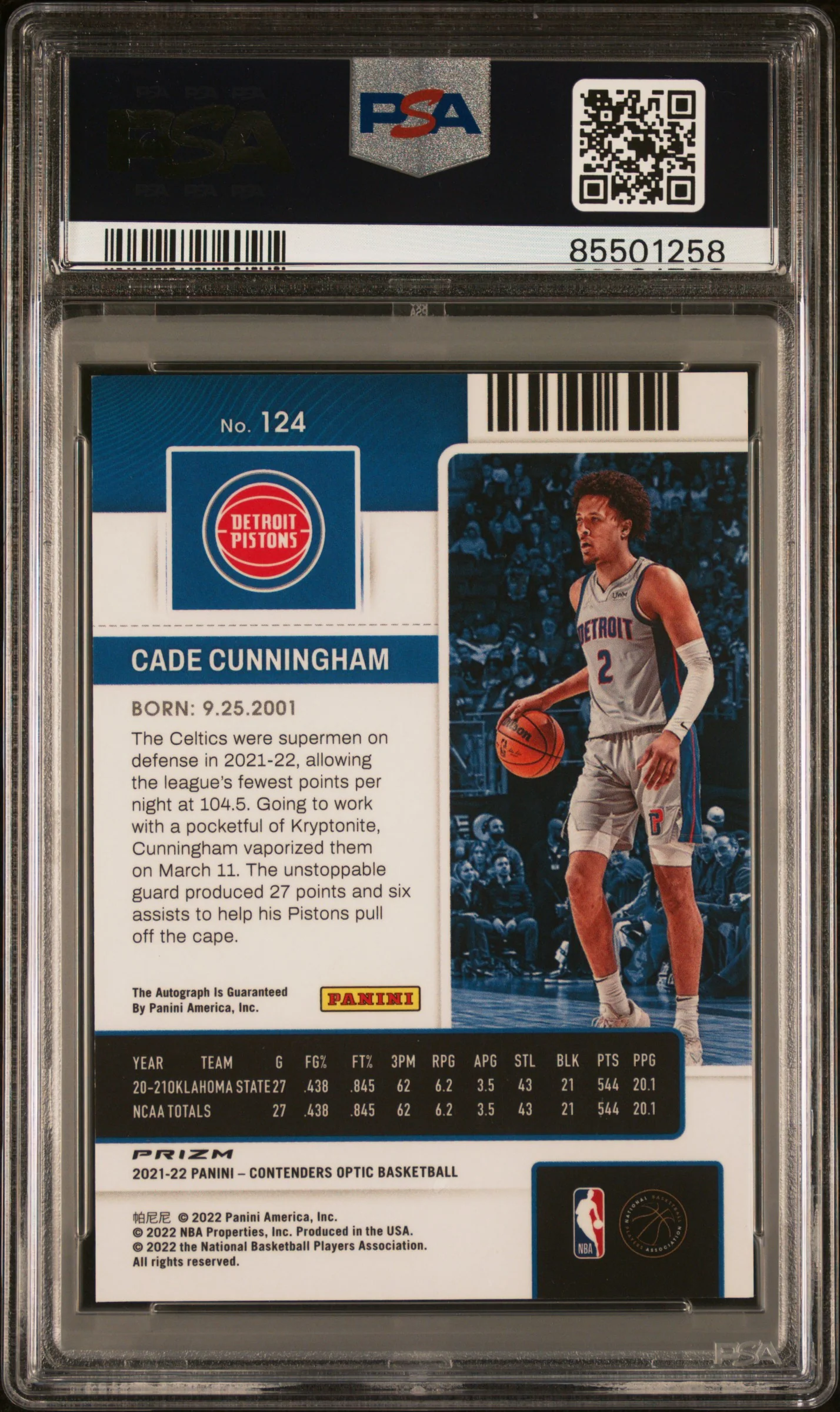 CADE CUNNINGHAM | 2021 PANINI CONTENDERS OPTIC 124 | AUTOGRAPH | PSA MINT 9 - Image 2