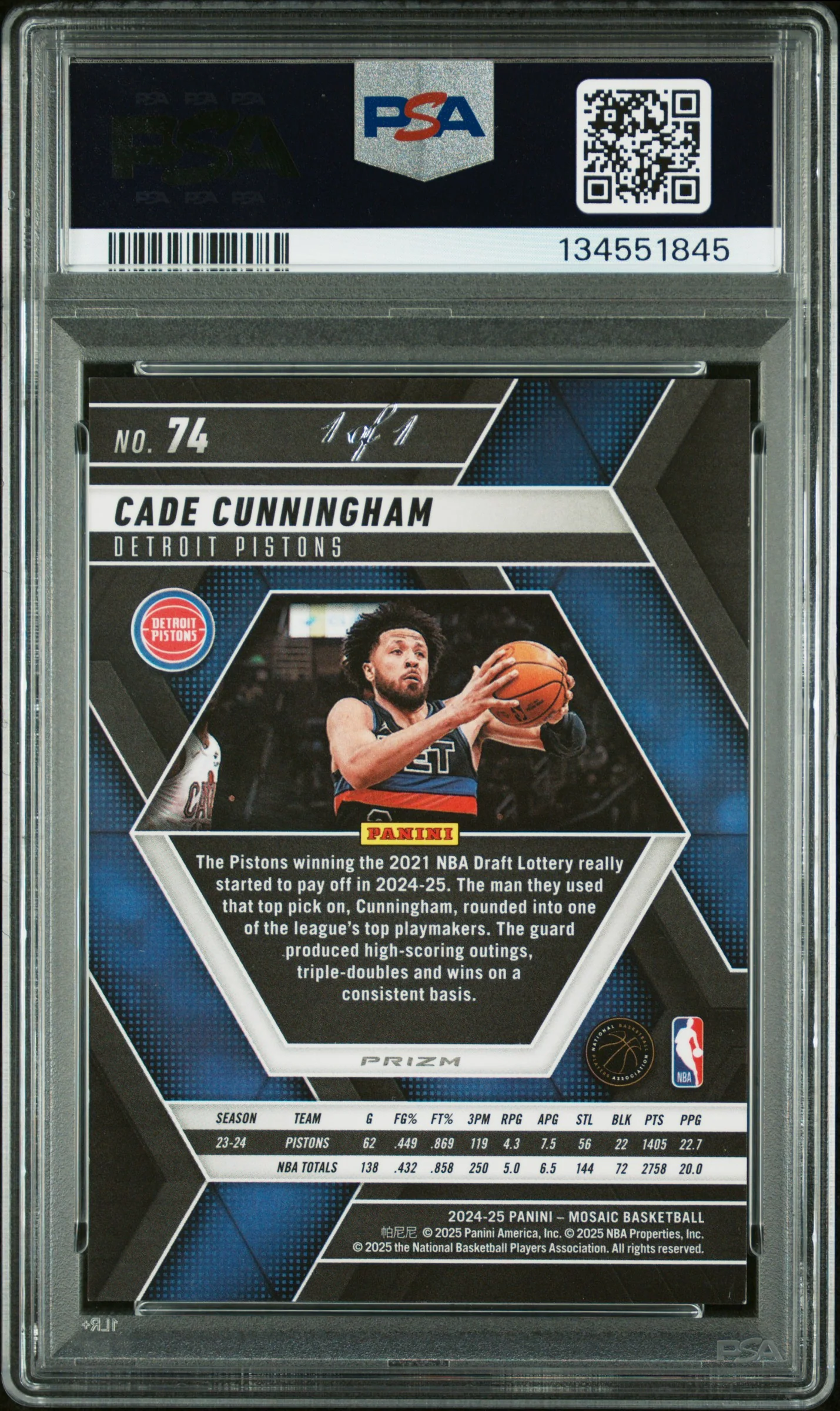 CADE CUNNINGHAM | 2024 PANINI MOSAIC 74 | BLACK 1/1 | PSA NM-MT+ 8.5 - Image 2