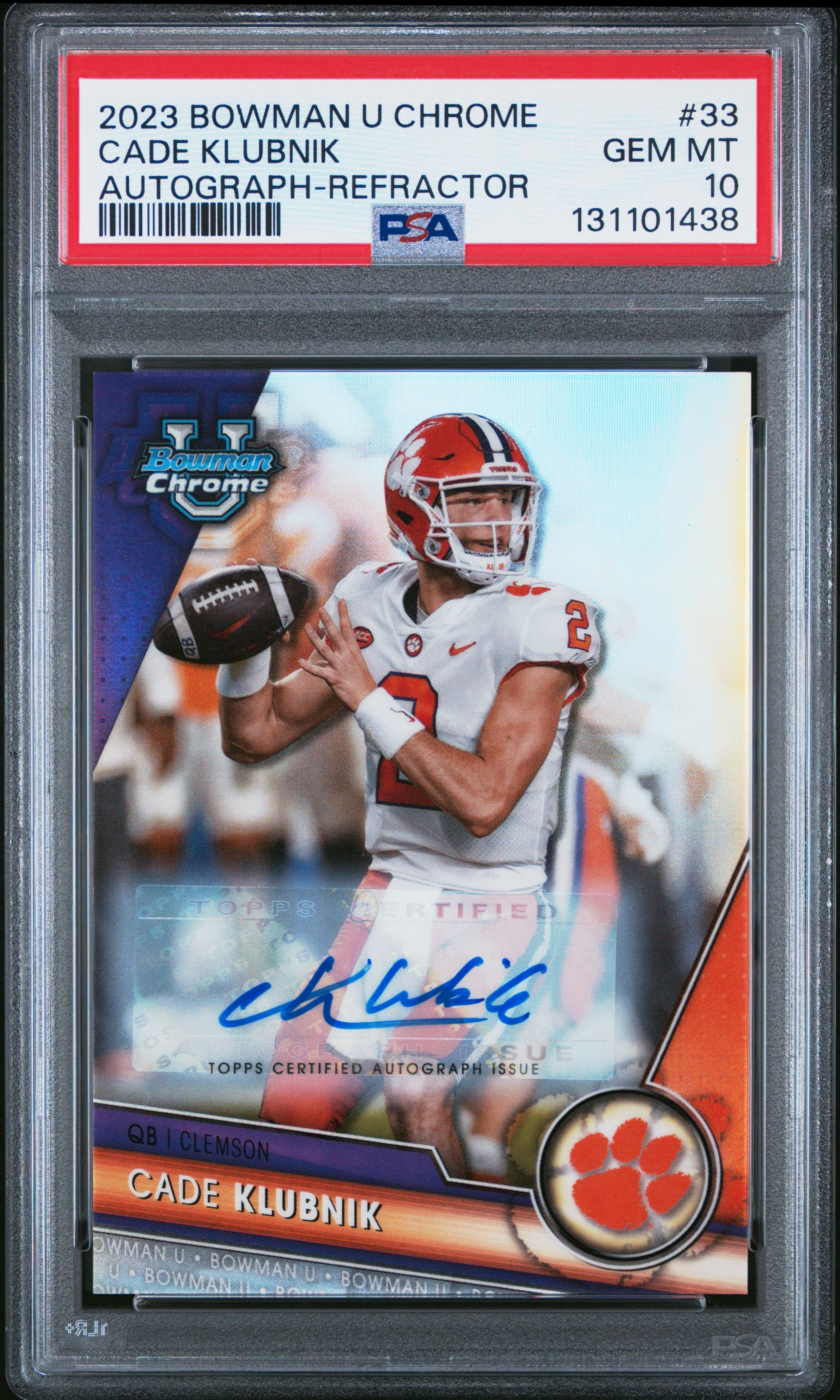 CADE KLUBNIK | 2023 BOWMAN UNIVERSITY CHROME 33 | AUTOGRAPH-REFRACTOR | PSA GEM MT 10