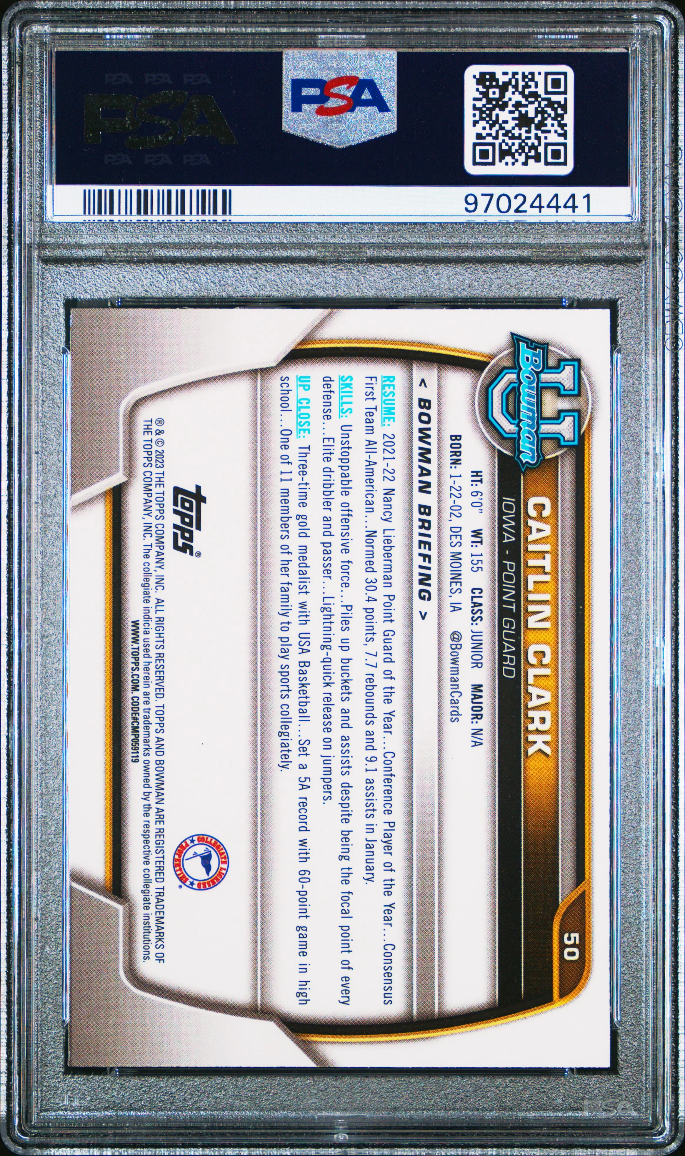 CAITLIN CLARK | 2022 BOWMAN CHROME UNIVERSITY 50 | PINK REFRACTOR | PSA GEM MT 10 - Image 2