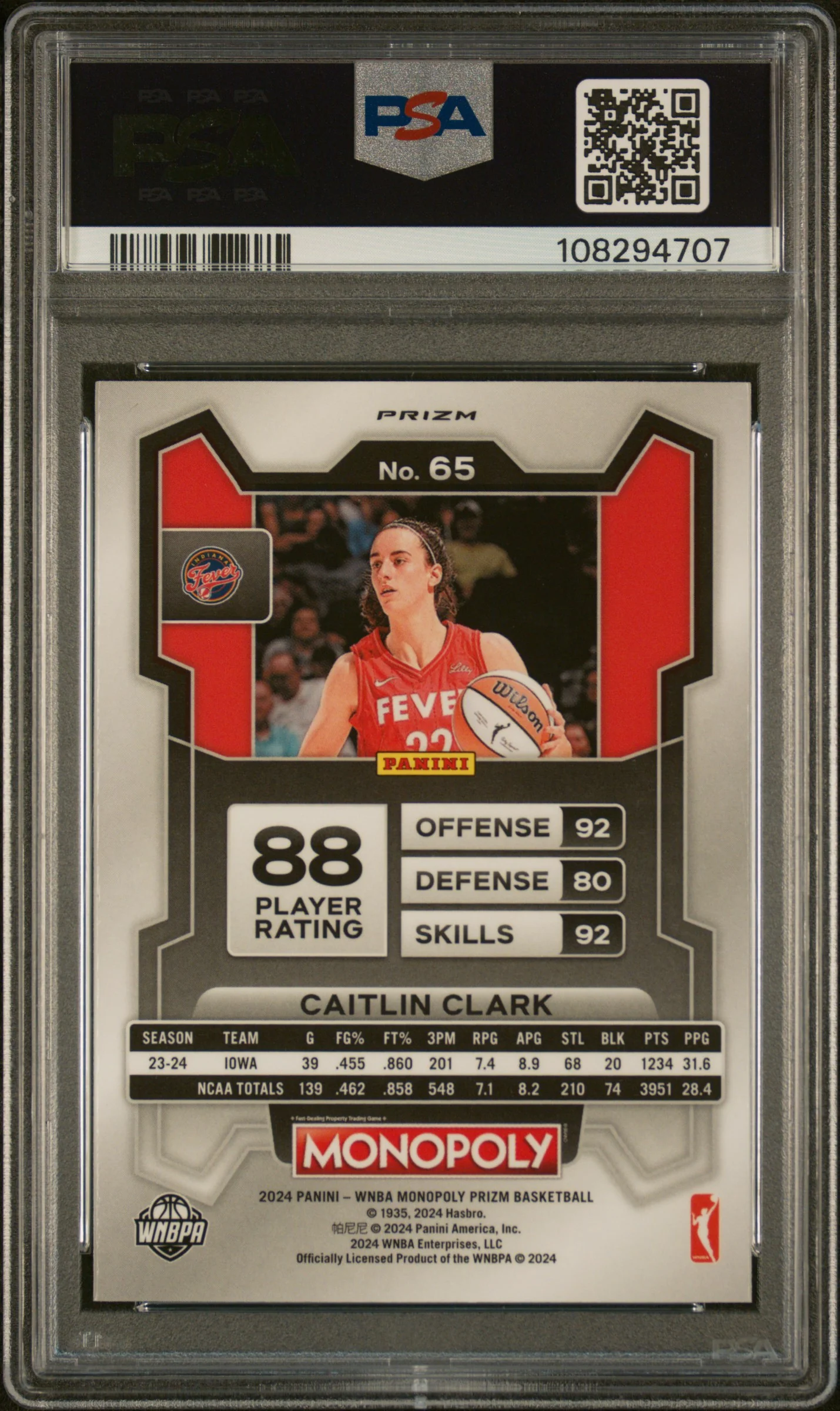 CAITLIN CLARK | 2024 PANINI PRIZM MONOPOLY WNBA 65 | SILVER PRIZM | PSA GEM MT 10 - Image 2