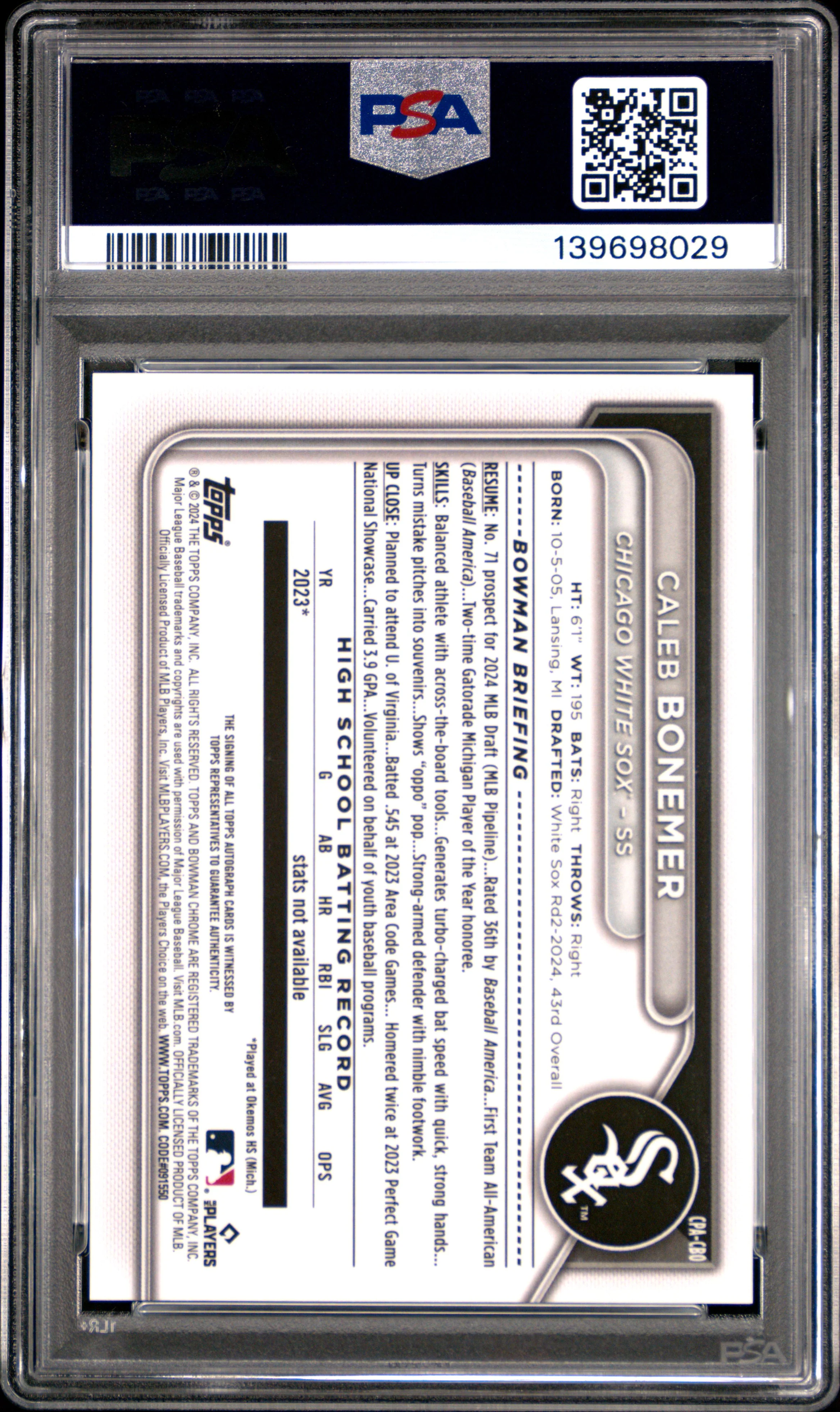 CALEB BONEMER | 2024 BOWMAN DRAFT CHROME PROSPECT AUTOGRAPHS CPACBO | PSA GEM MT 10 - Image 2