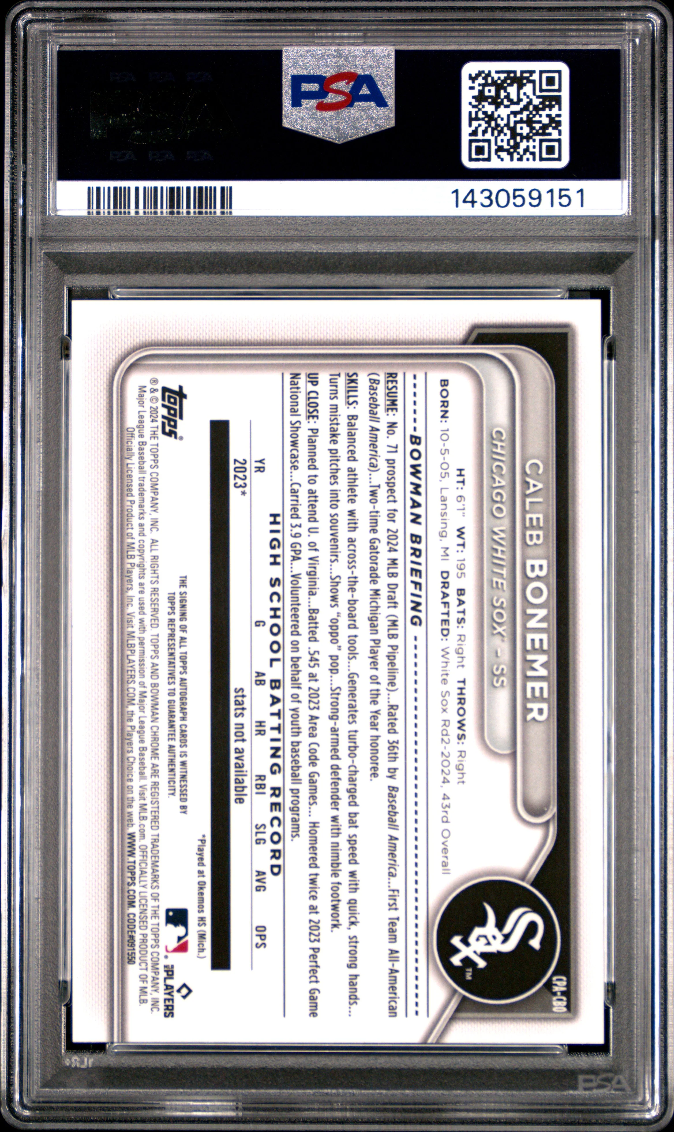CALEB BONEMER | 2024 BOWMAN DRAFT CHROME PROSPECT AUTOGRAPHS CPACBO | PSA MINT 9 - Image 2